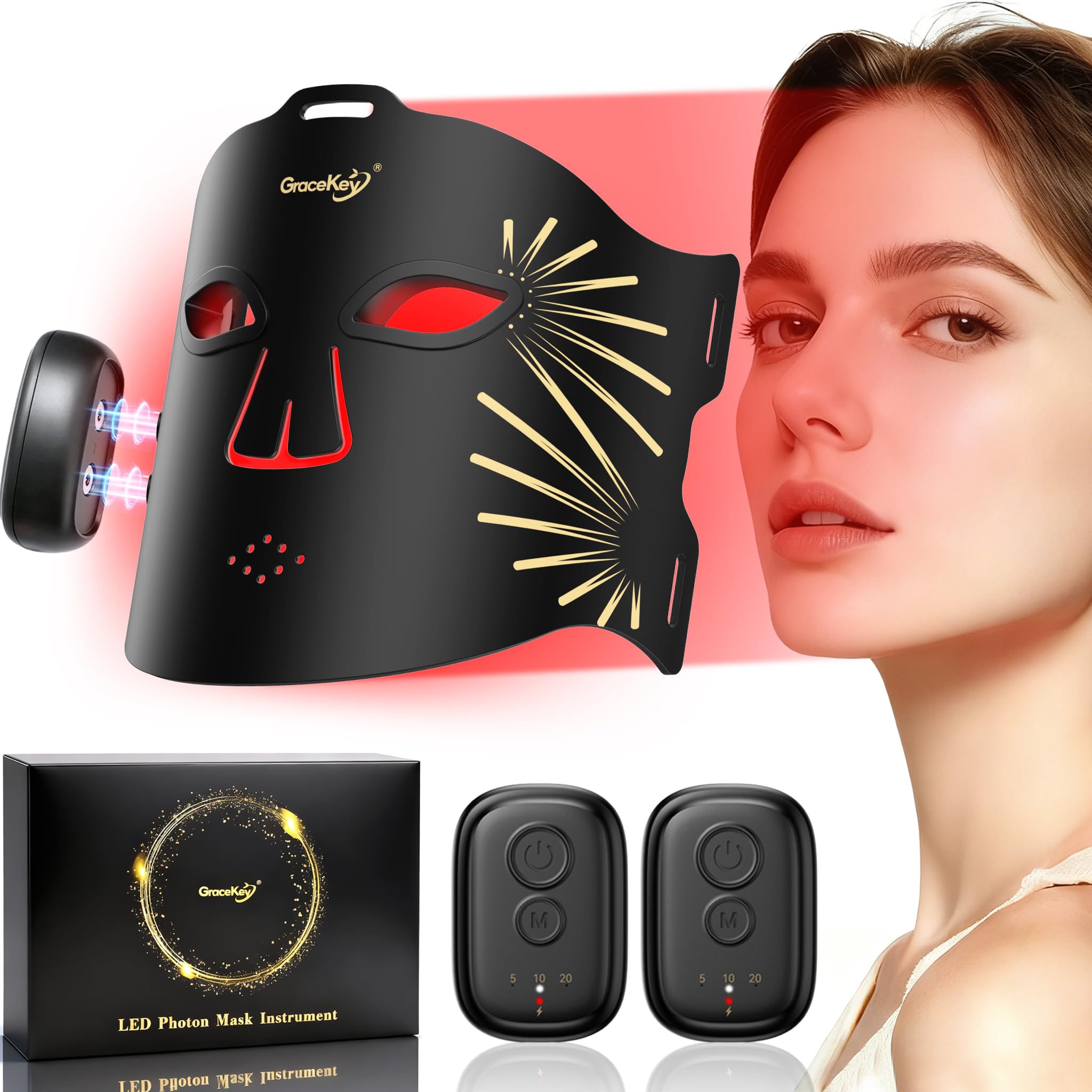 Gracekey máscara de luz roja para la cara, inalámbrica, facilita tratamientos faciales sin cables.