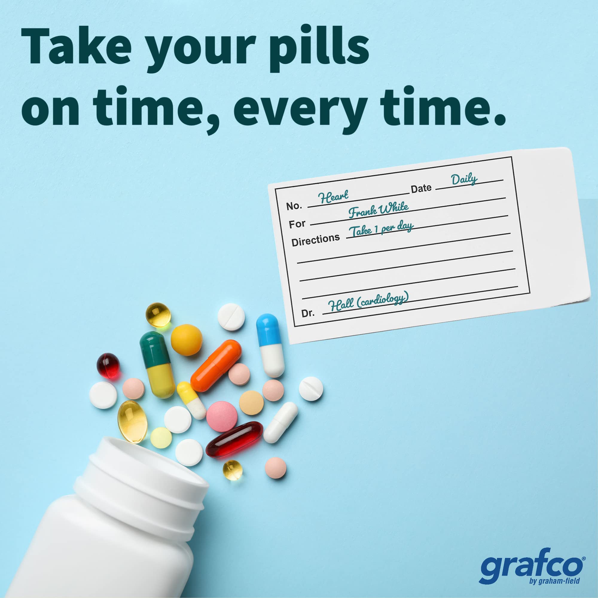 Grafco bolsa de pastillas etiquetada para dosis y fechas.