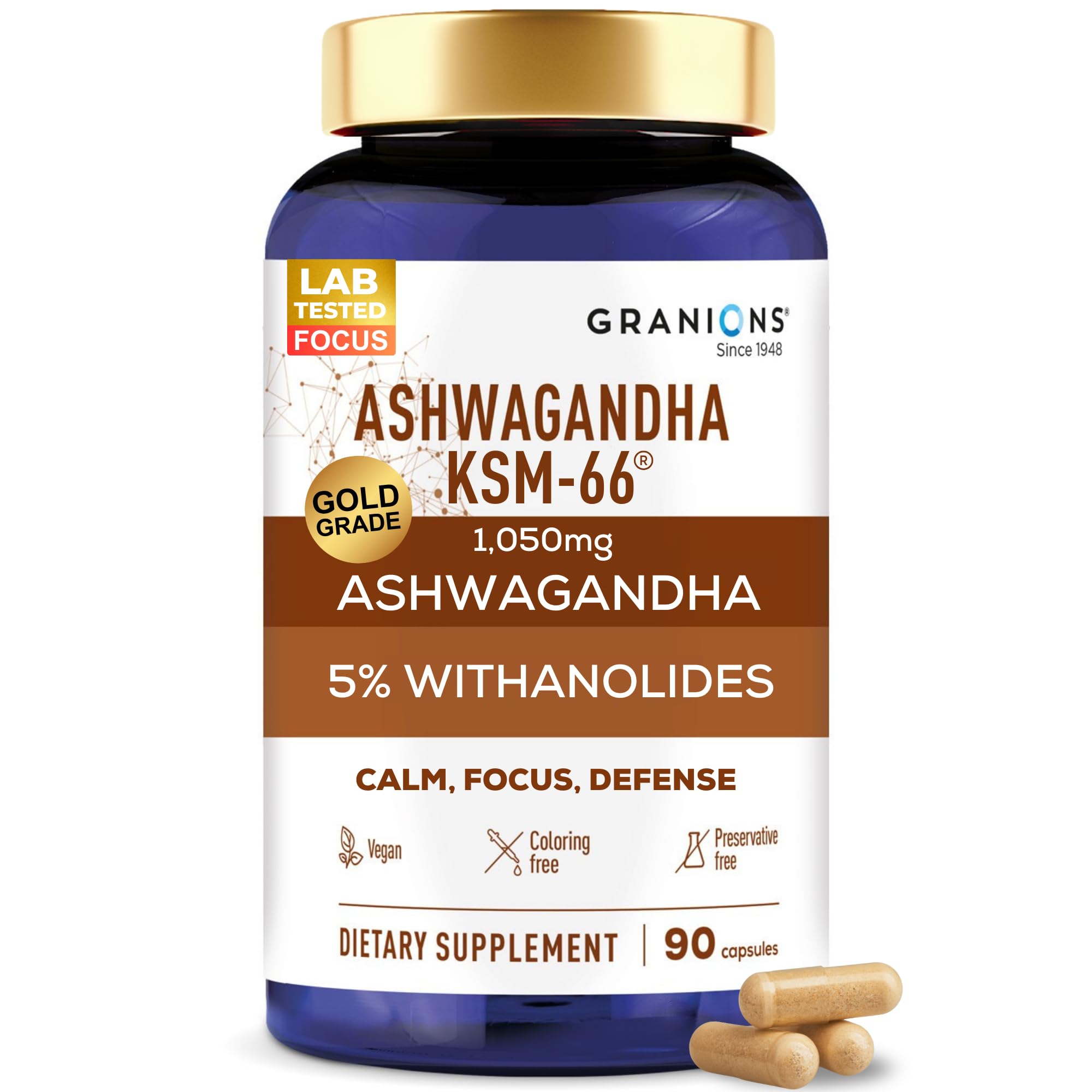 Granions KSM66 Ashwagandha: cápsulas en botella para apoyo diario de concentración.