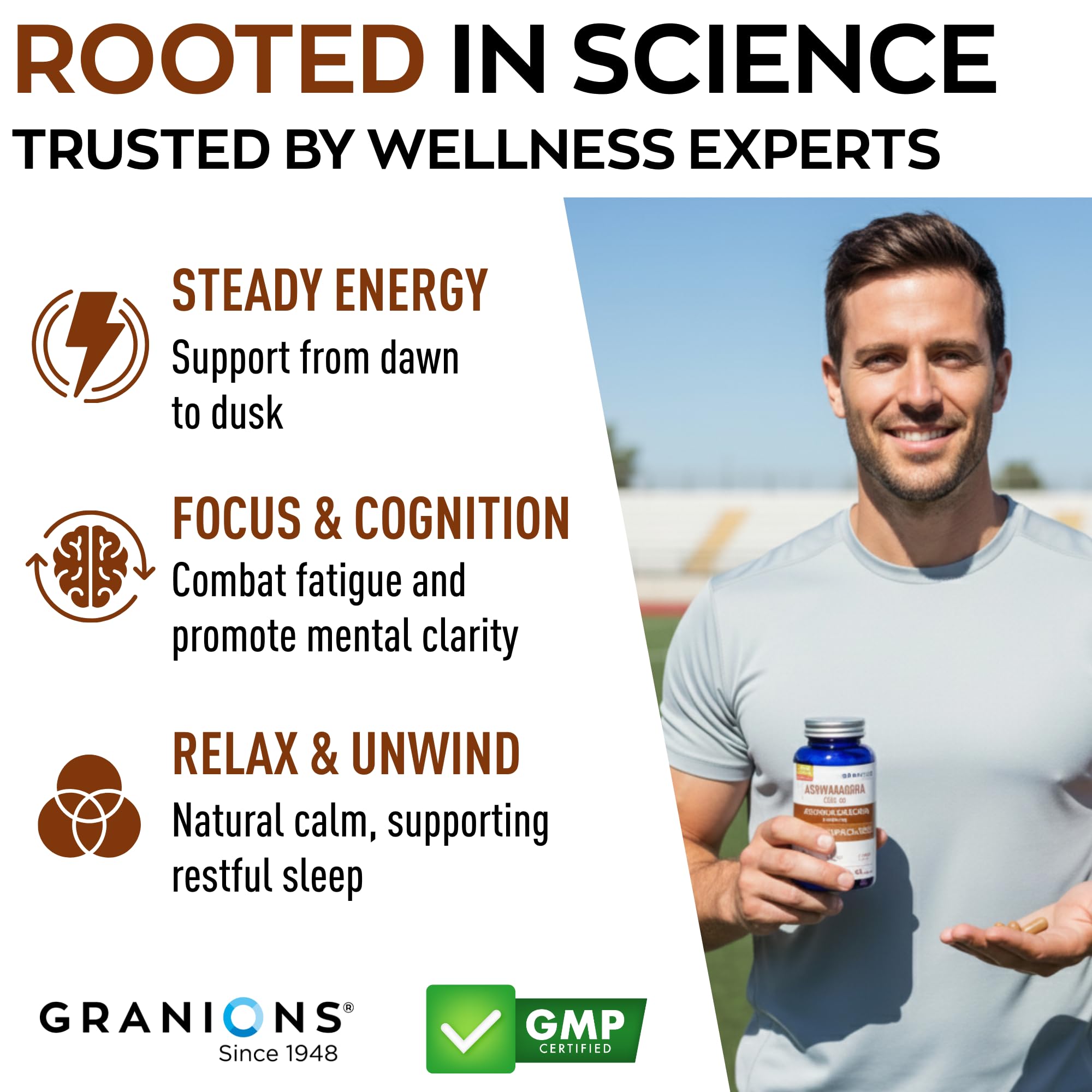Granions KSM66 Ashwagandha: etiqueta frontal resalta extracto estandarizado al 5%.