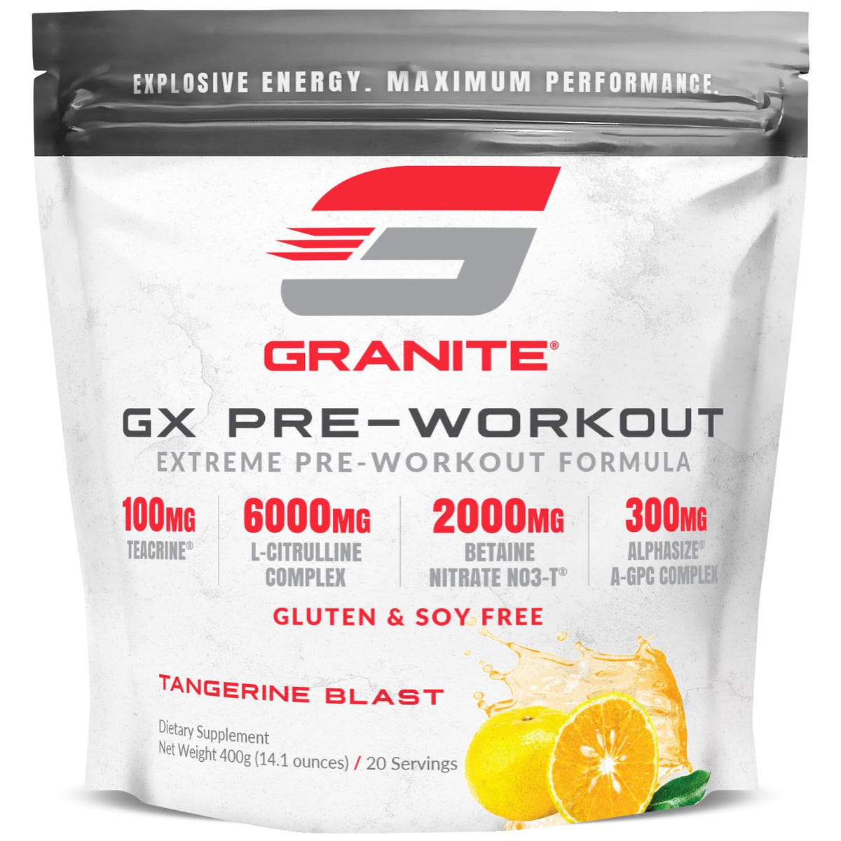 Granite GX Pre Entrenamiento Mandarina Explosiva: empaque y etiqueta para una sesión enfocada.
