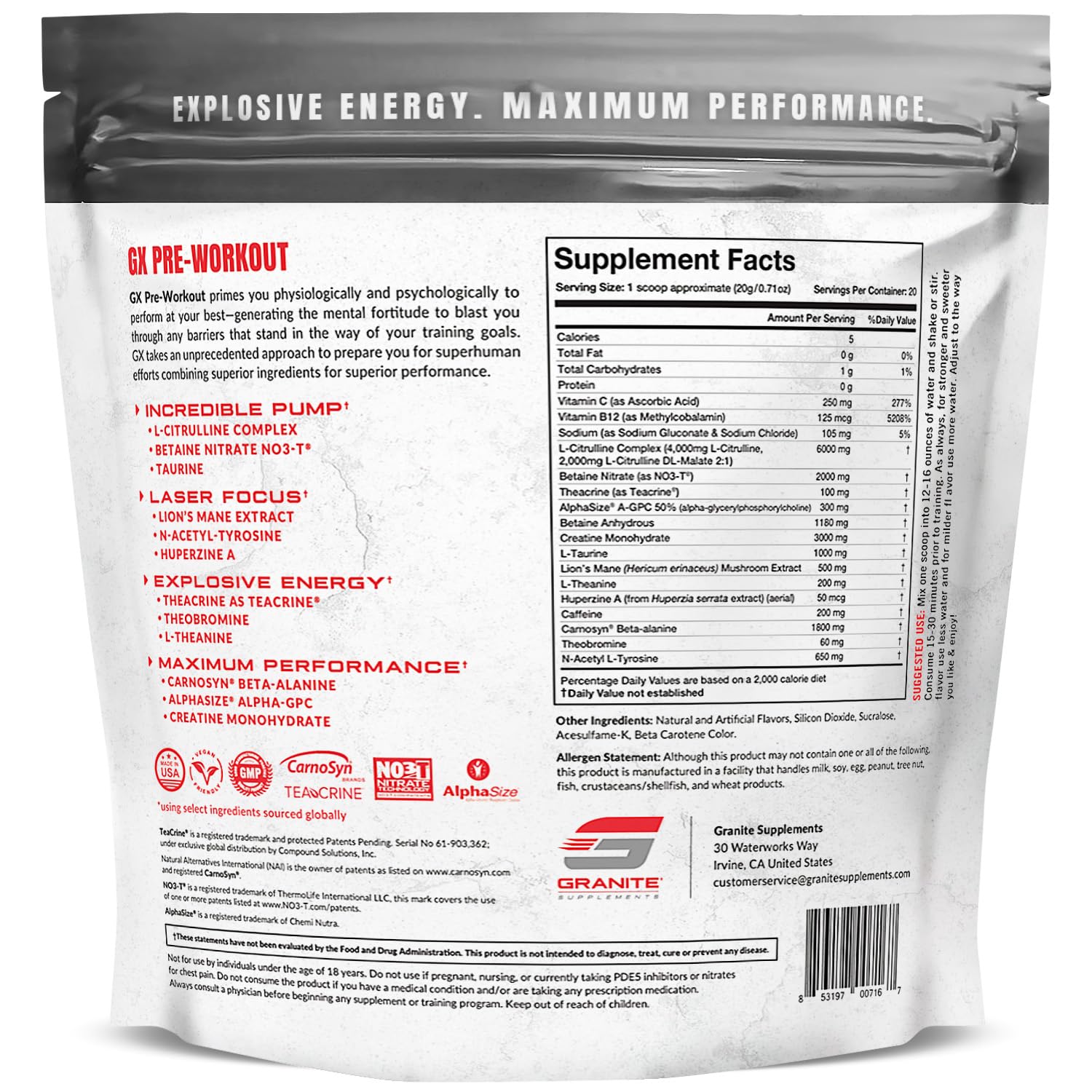 Granite GX Pre Entrenamiento Mandarina Explosiva: cucharón de medición para dosis consistentes y energía continua.