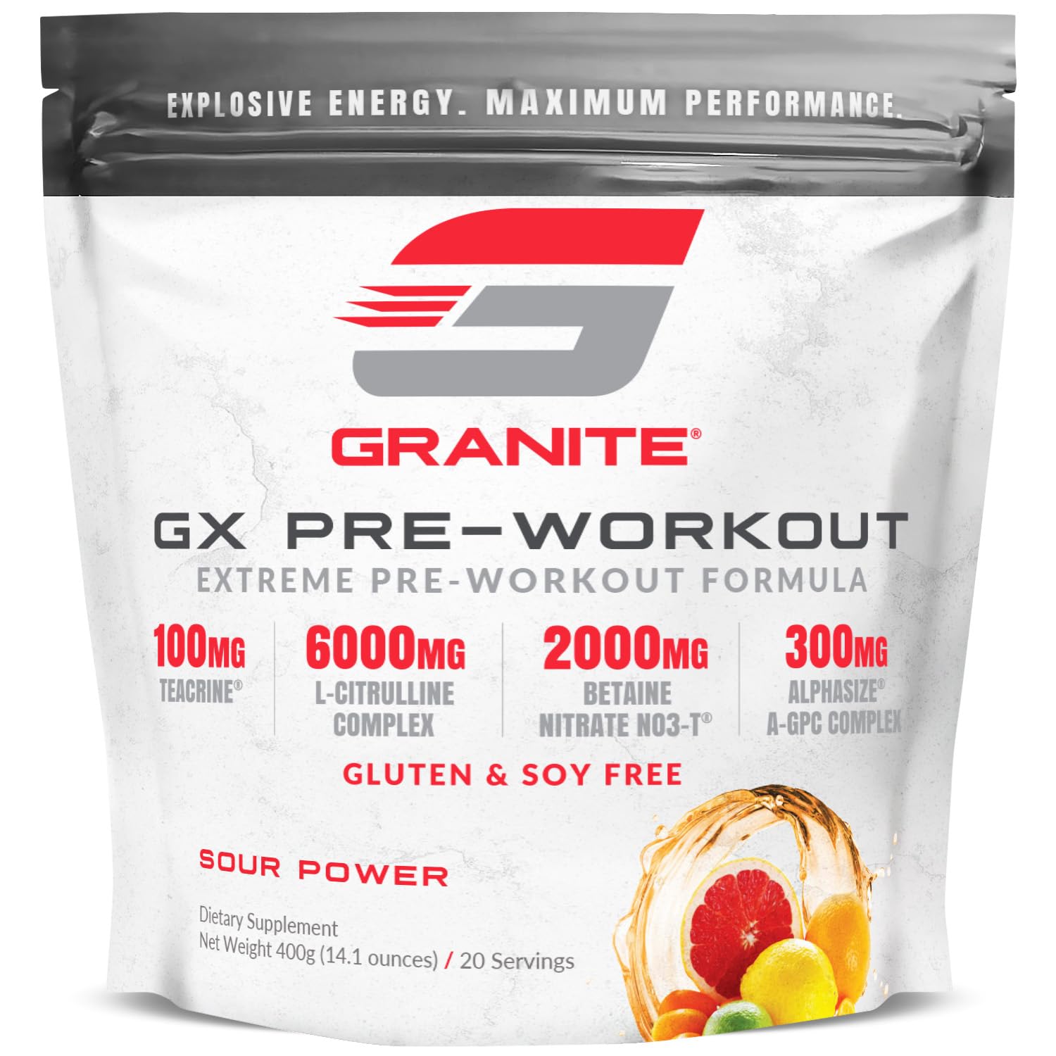 Granite GX Pre-entrenamiento Sour Power, botella lista para enfoque y energía durante entrenos.