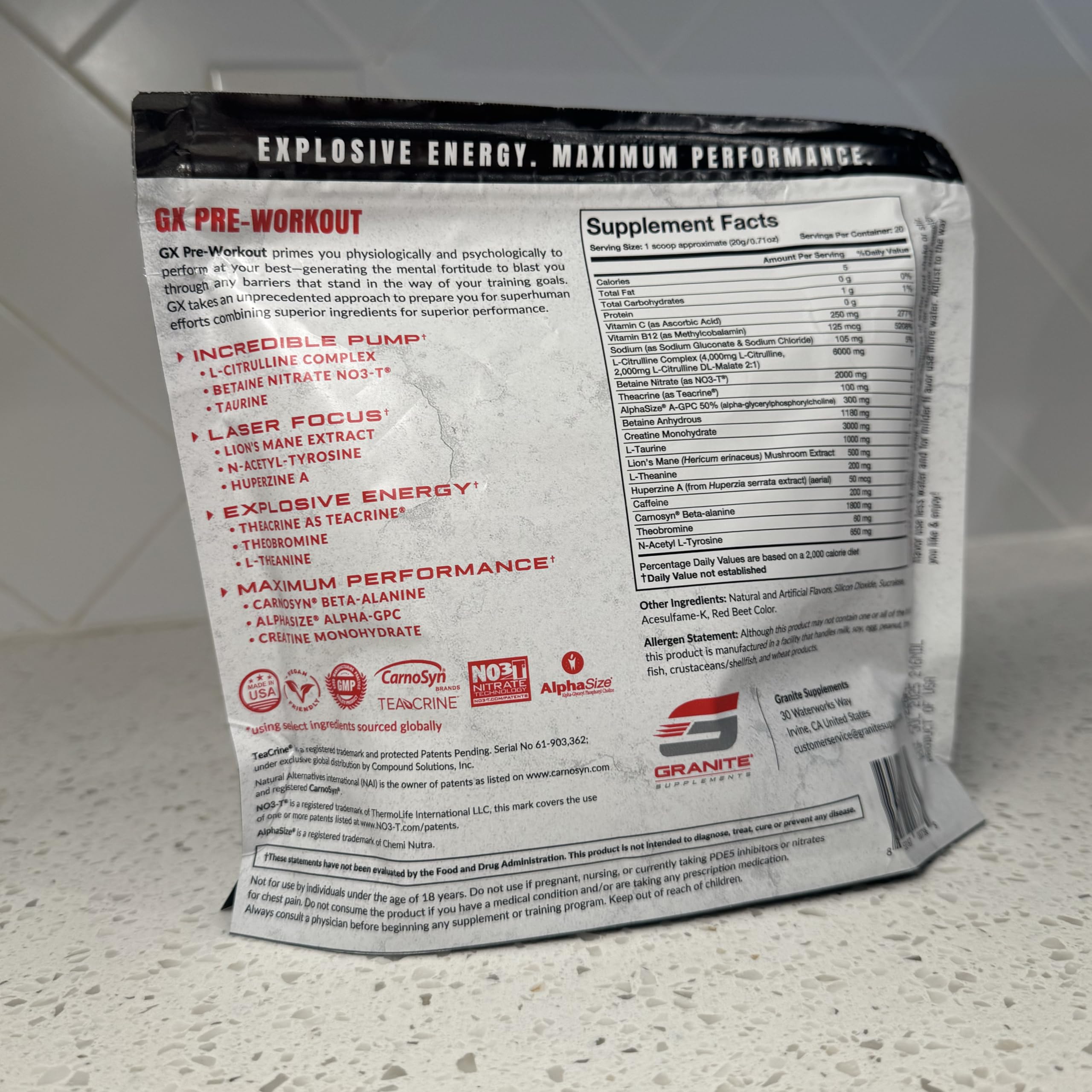 Etiqueta de Granite GX Pre-entrenamiento con diseño y sabor Sour Power.