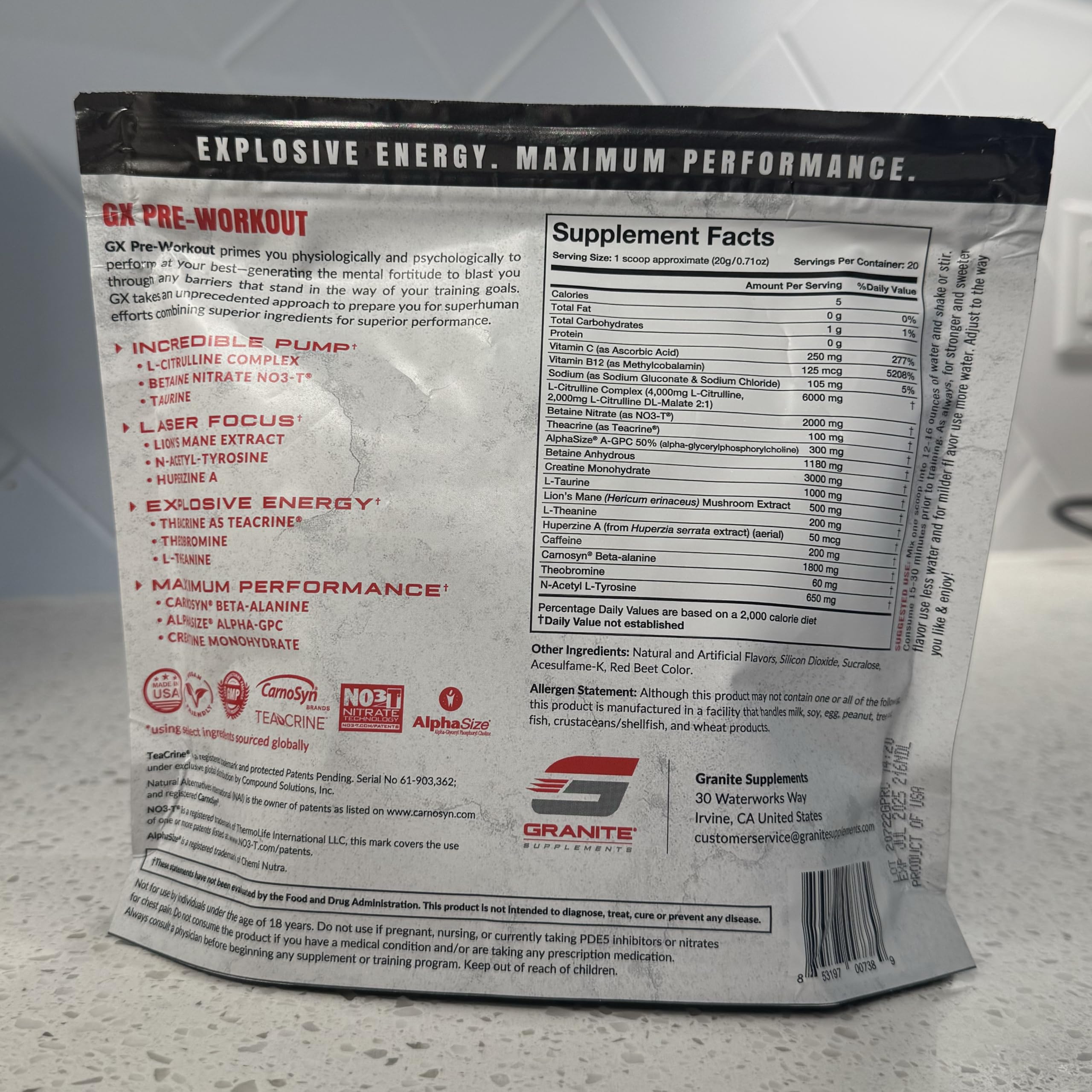 Polvo de Granite GX Pre-entrenamiento con textura suave para mezclar.
