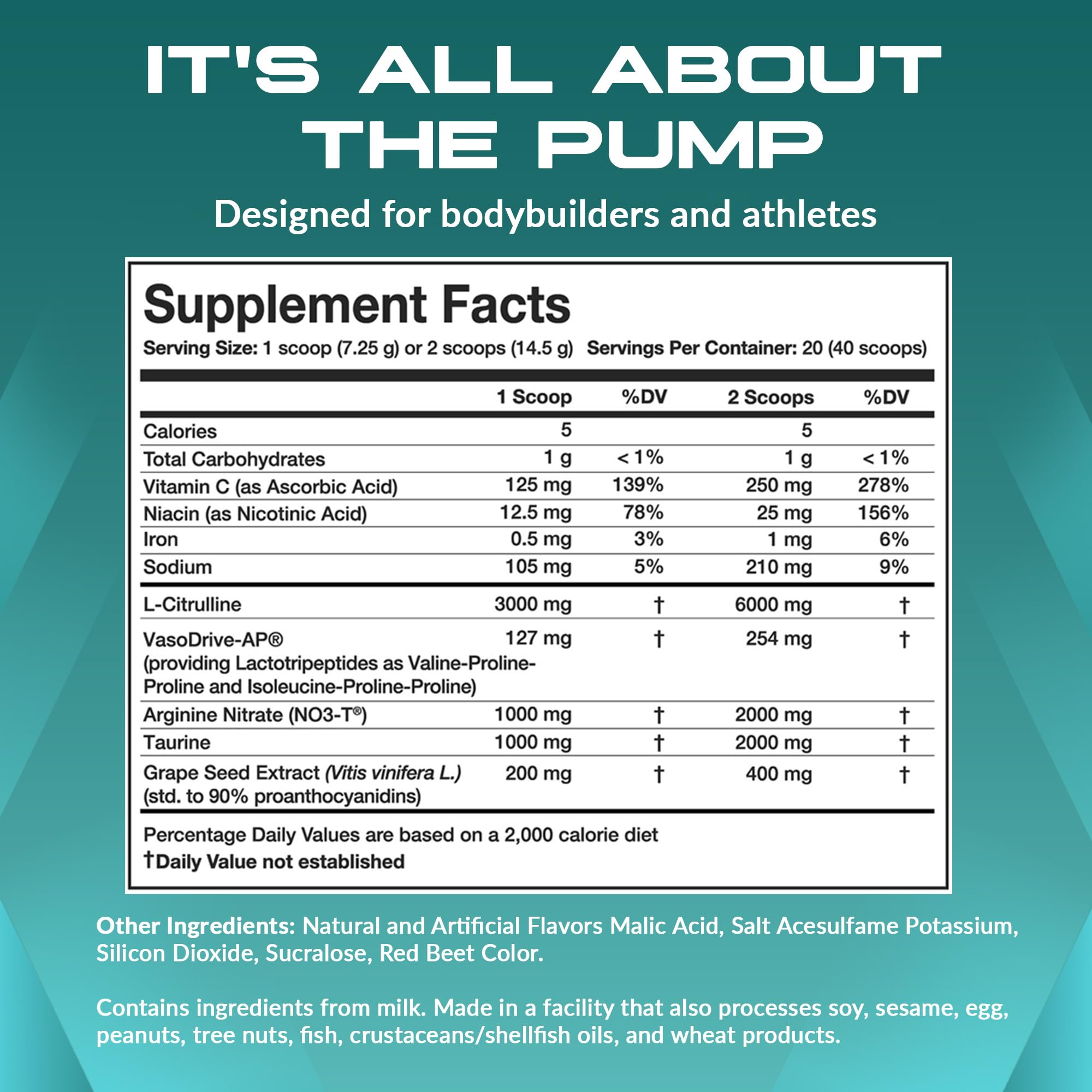 Granite Supplements Vaso Blast, detalle de ingredientes, destaca Arginina Nitrato y Citrulina
