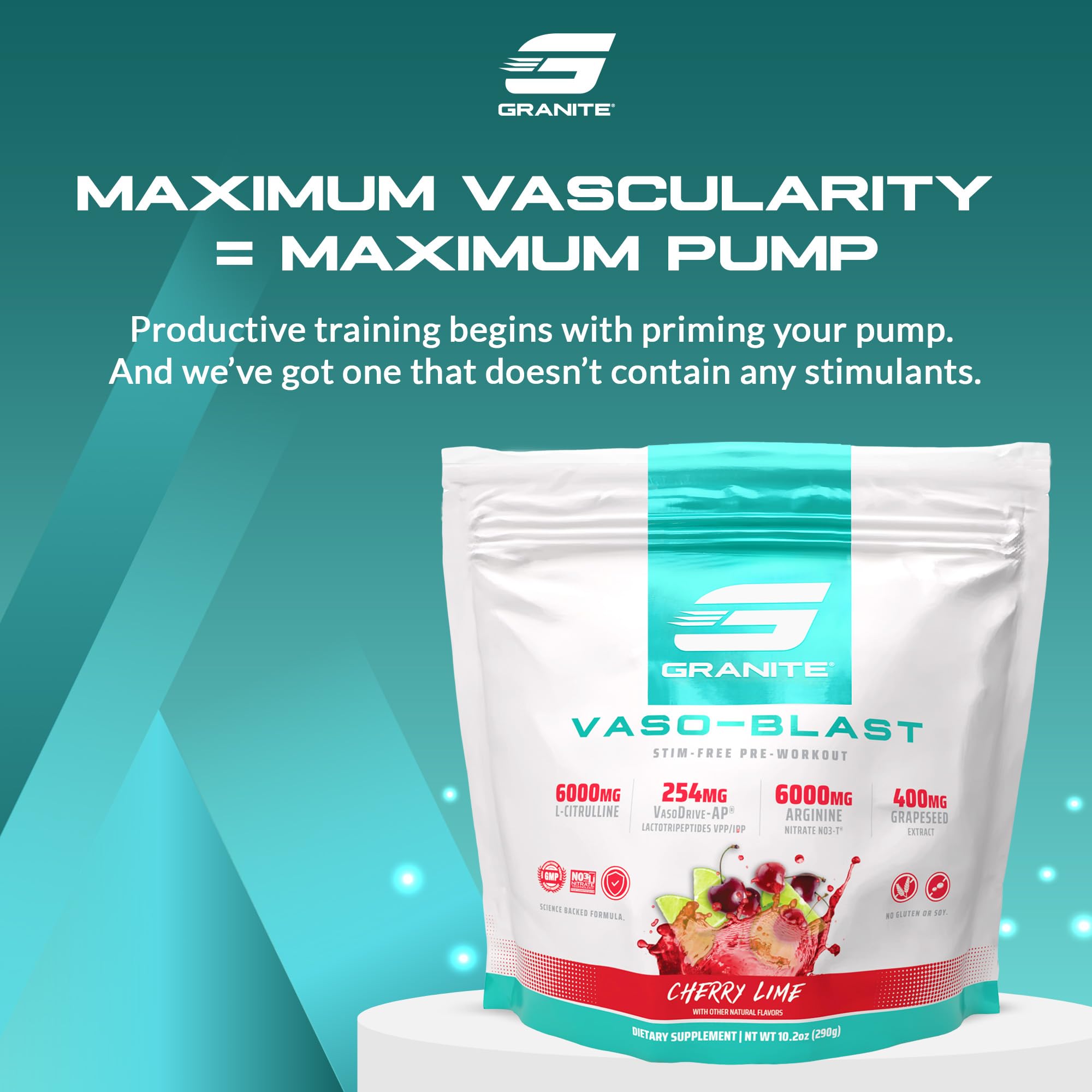Granite Supplements Vaso Blast, etiqueta frontal, muestra el sabor Cereza-Lima