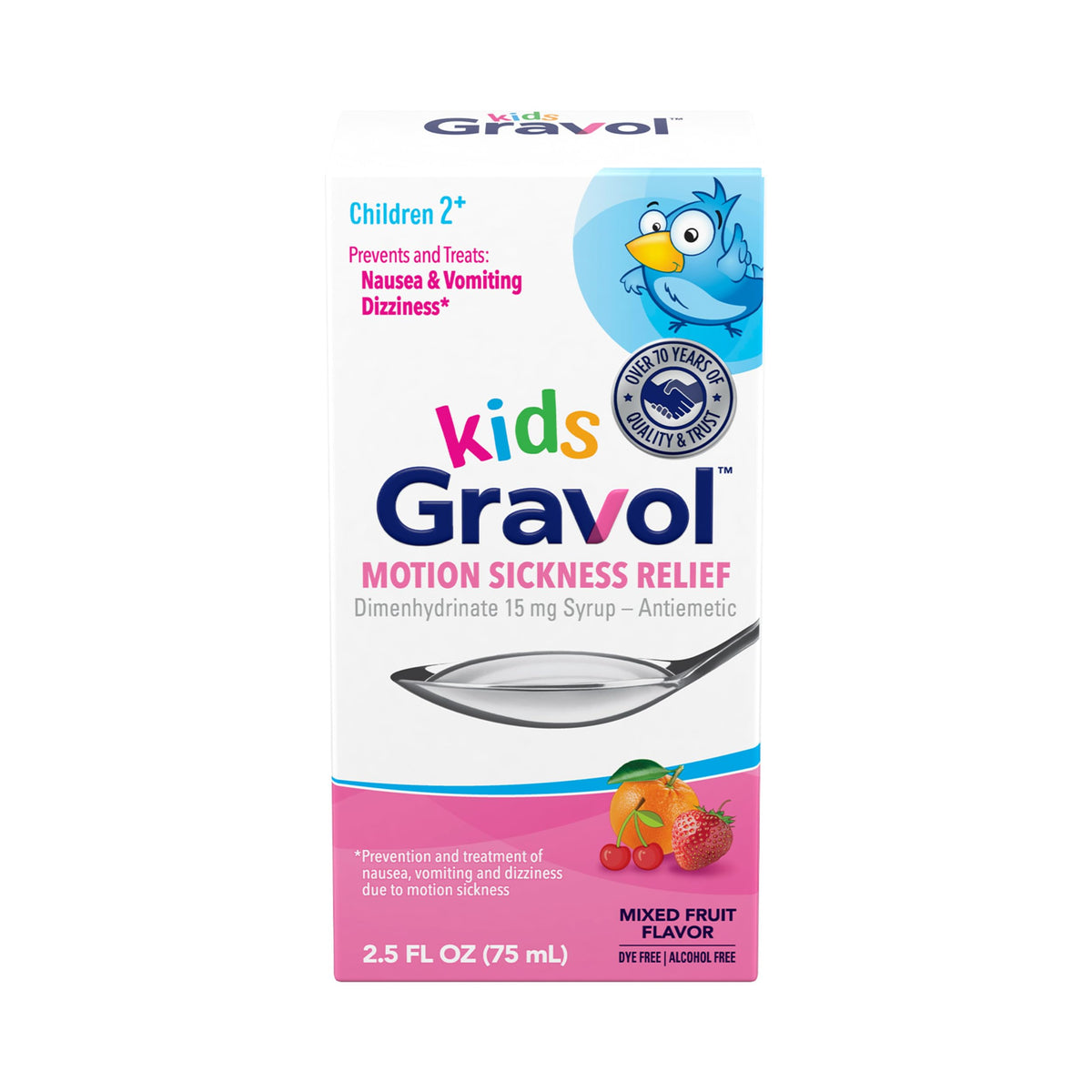 Gravol Kids Liquid frasco de 75 ml, práctico para prevenir malestar por movimiento en niños