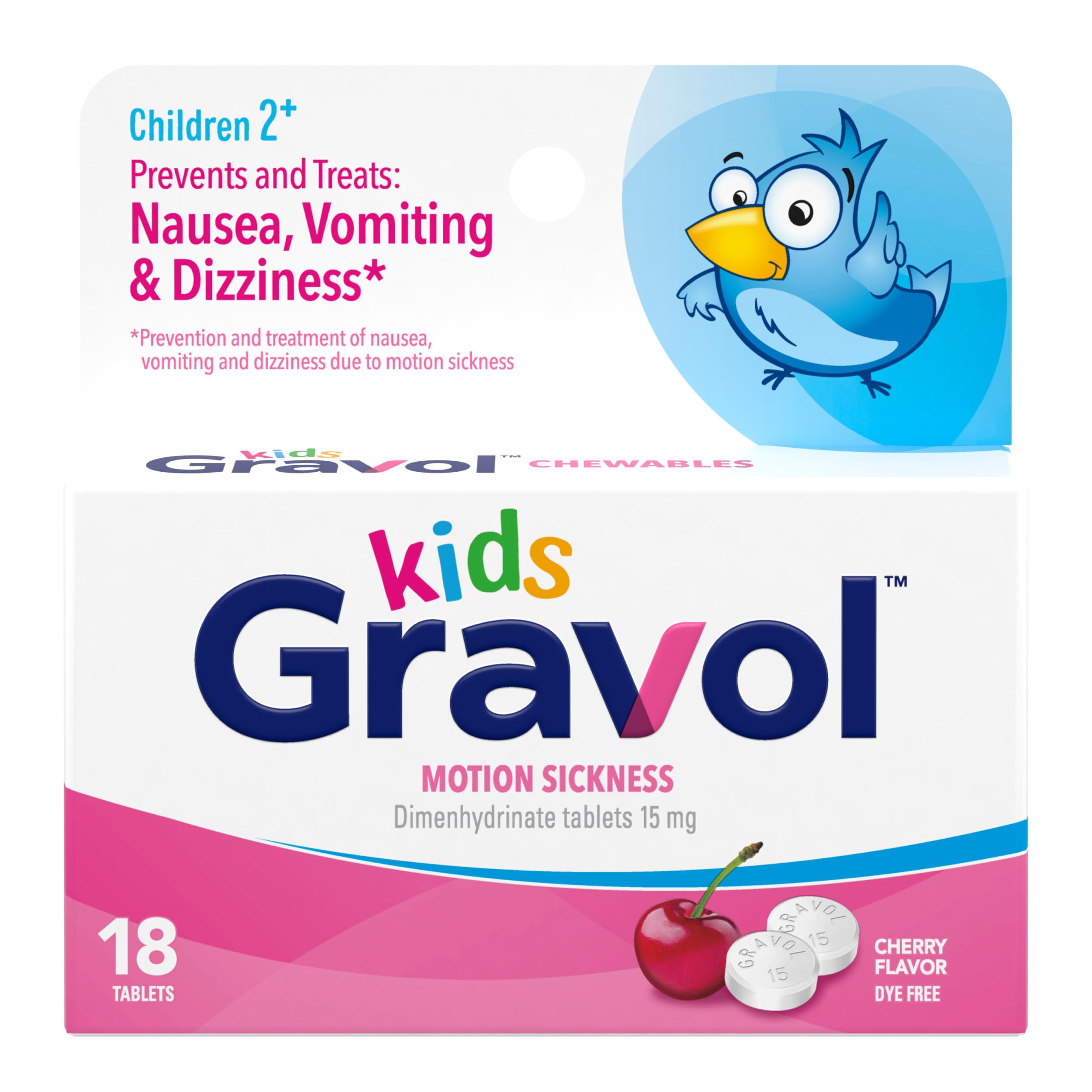 Gravol Kids tabletas masticables para náuseas, en envase práctico para casa o viaje