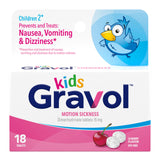 Gravol Kids tabletas masticables para náuseas, en envase práctico para casa o viaje