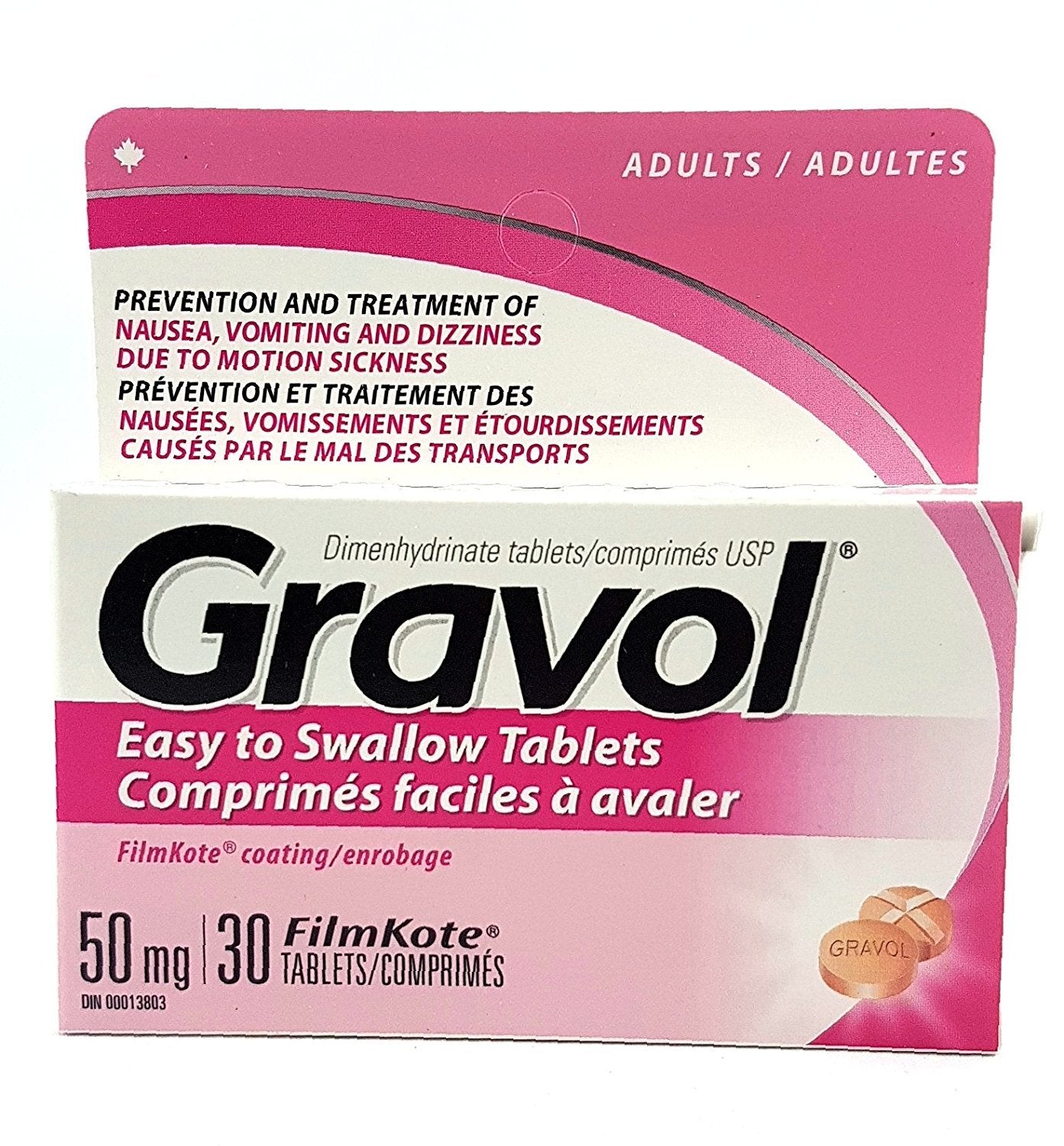 Gravol tableta fácil de tragar sin sabor para prevenir náuseas y mareo