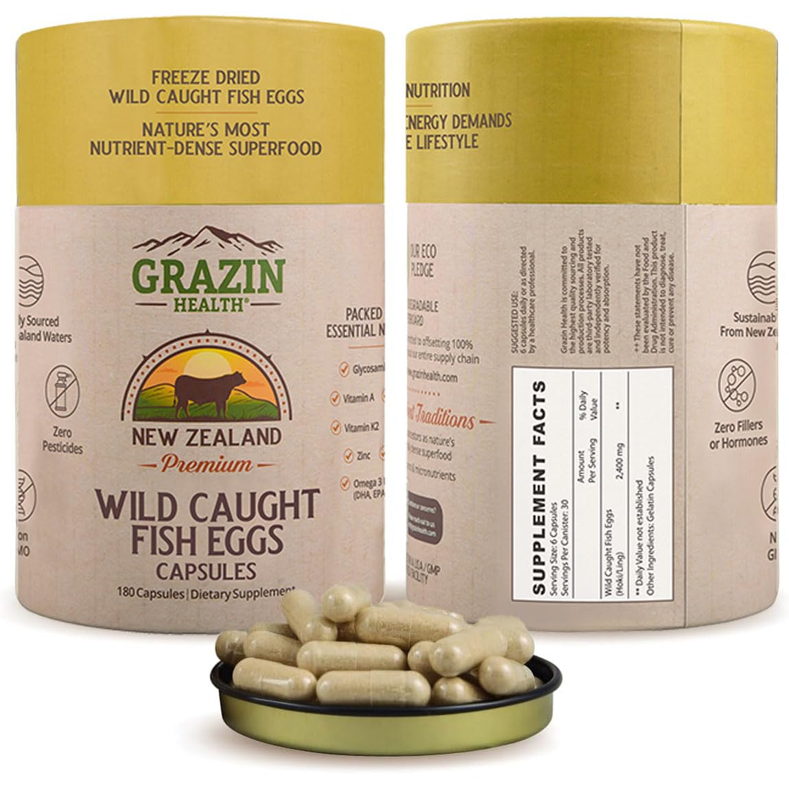 GRAZIN HEALTH: botella de cápsulas de huevas de pescado para nutrición diaria con Omega-3.