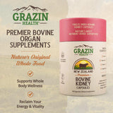 Frente del envase de Grazin Health con rinón bovino y calidad asegurada.