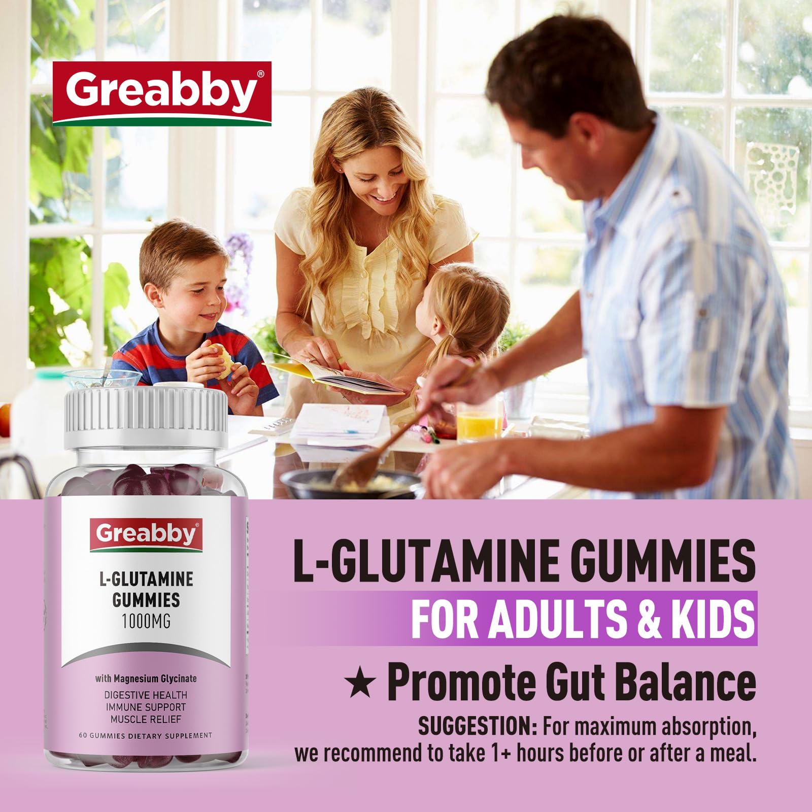 Greabby L Glutamina 1000mg gomitas empaque: formato fácil y sin gluten