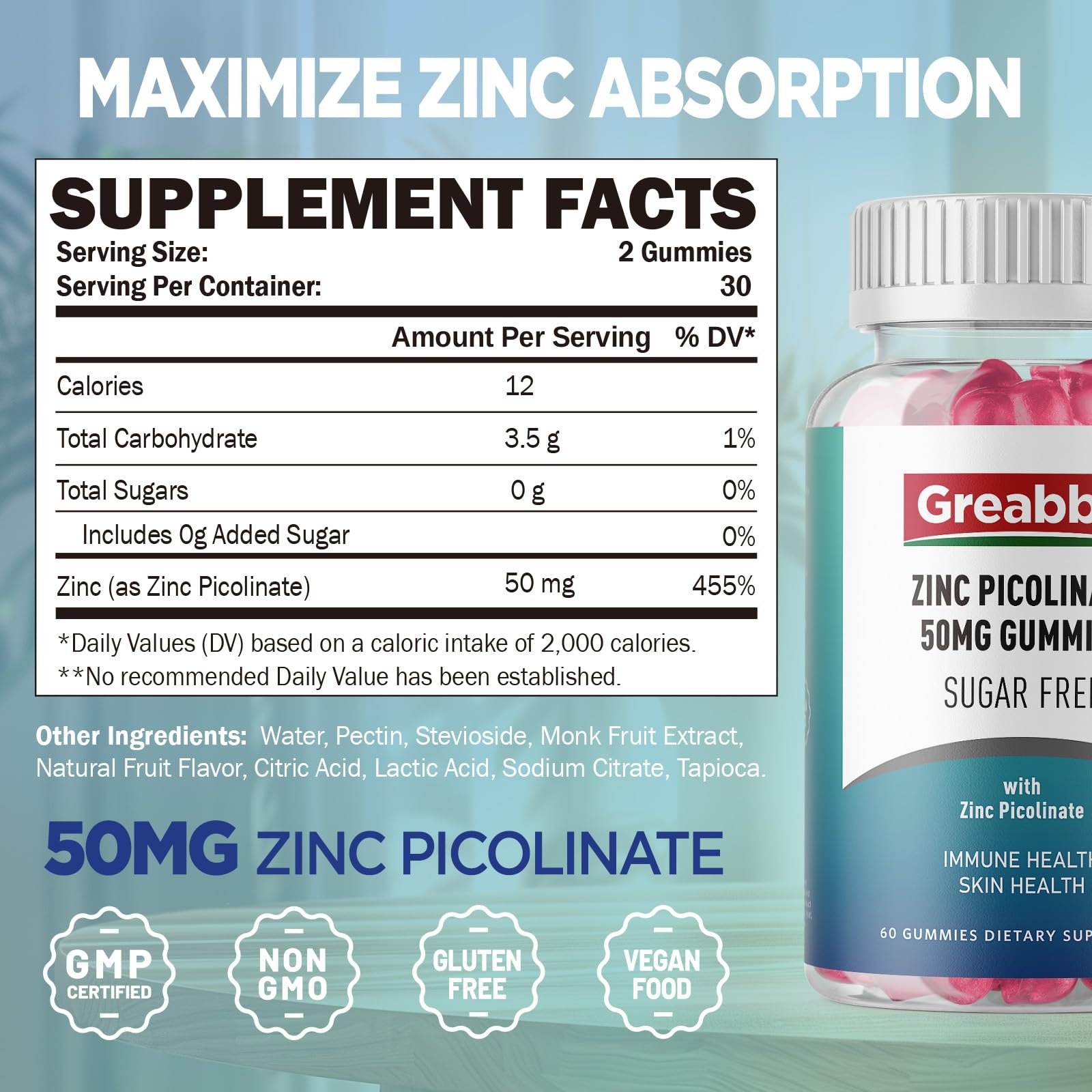 Greabby Zinc Gummies, manos mostrando gomitas para consumo diario