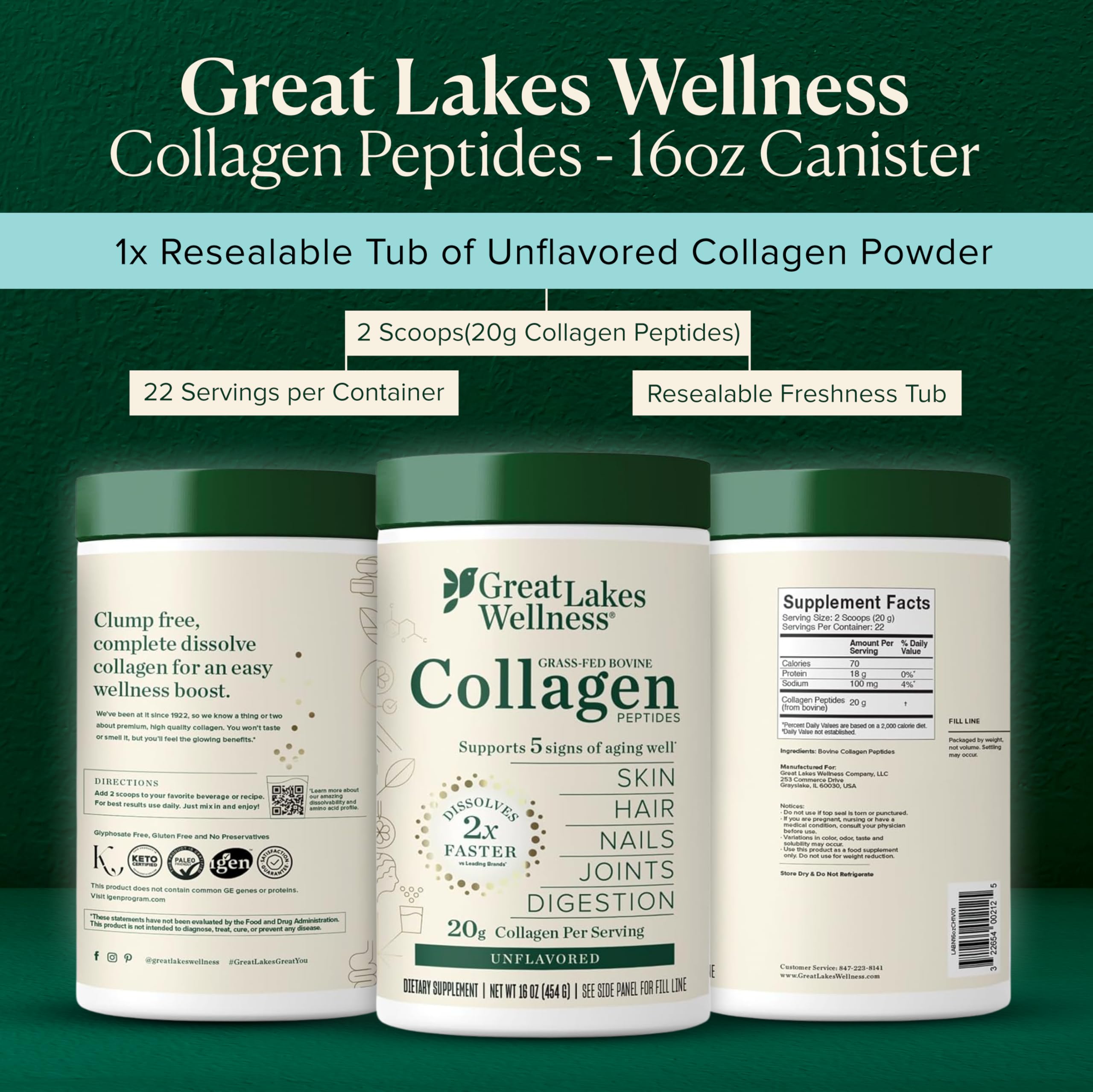 Great Lakes Wellness colágeno hidrolizado con absorción rápida para movilidad