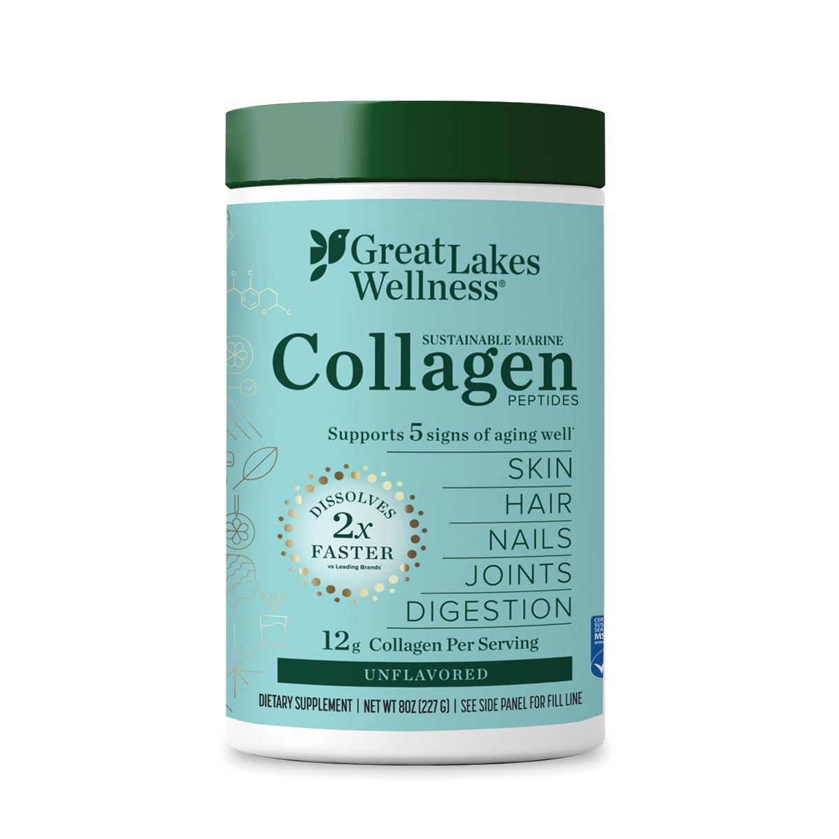 Colágeno Marino Great Lakes Wellness en bote, apoya piel y articulaciones.