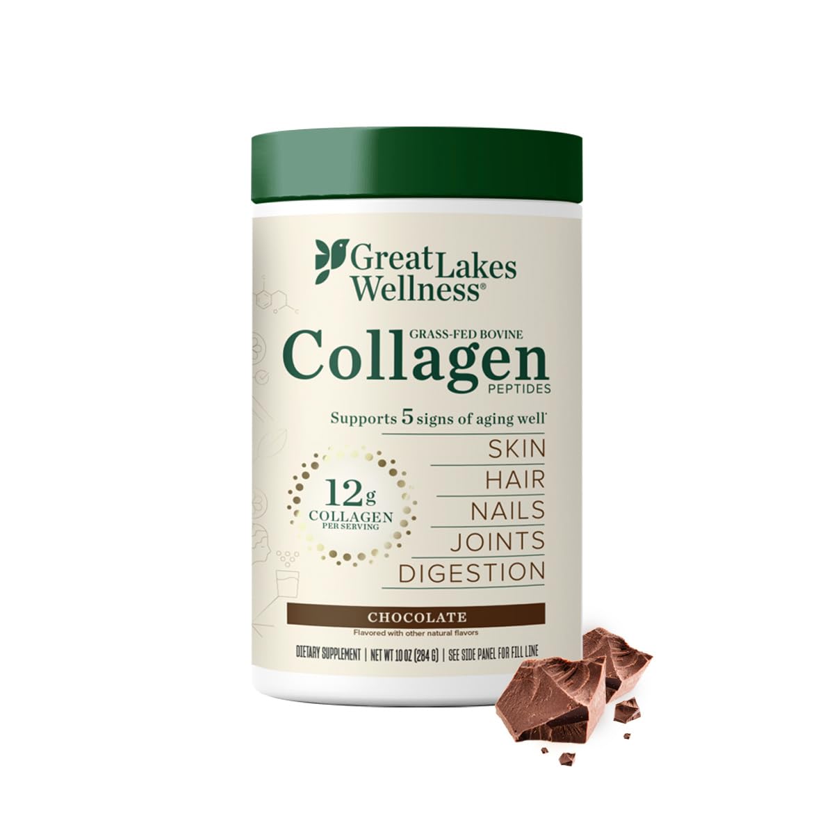 Great Lakes Wellness Colágeno en polvo chocolate; bote de 10 oz; sabor delicioso para bebidas.