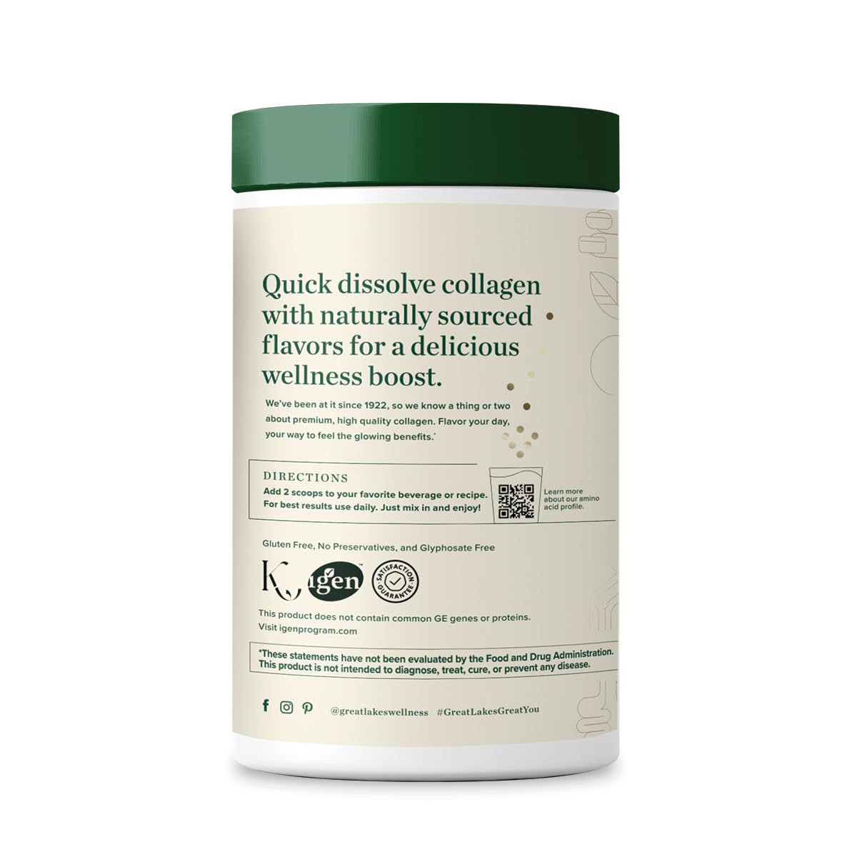 Great Lakes Wellness Collagen Peptides: polvo de disolución rápida para bebidas.