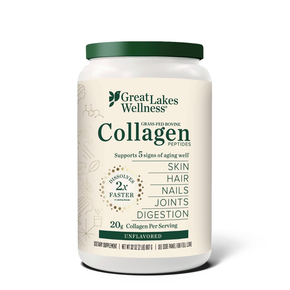 Great Lakes Wellness Collagen Peptides: empaque compacto para uso diario.