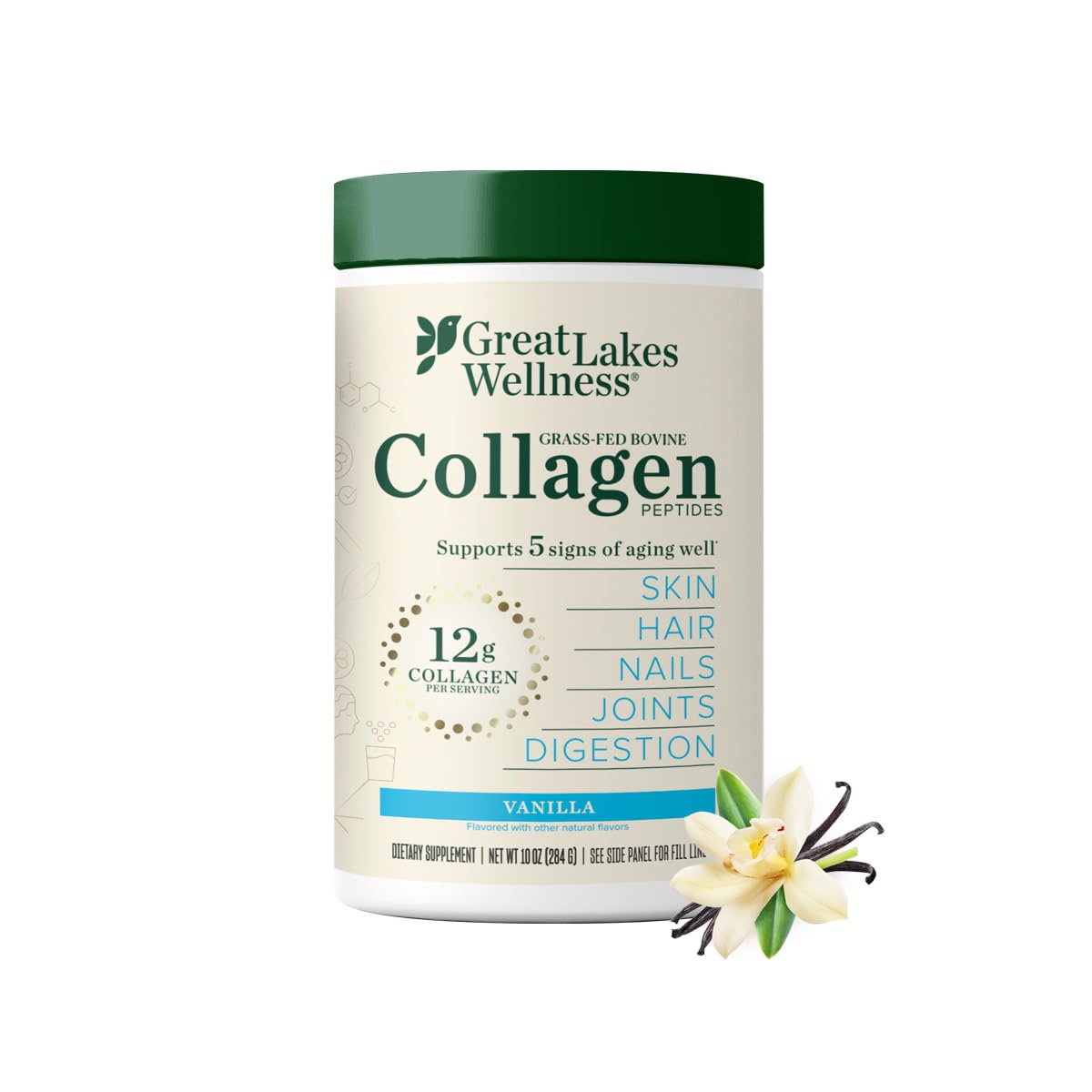 Great Lakes Wellness Collagen Peptides: frasco vainilla para consumo diario.