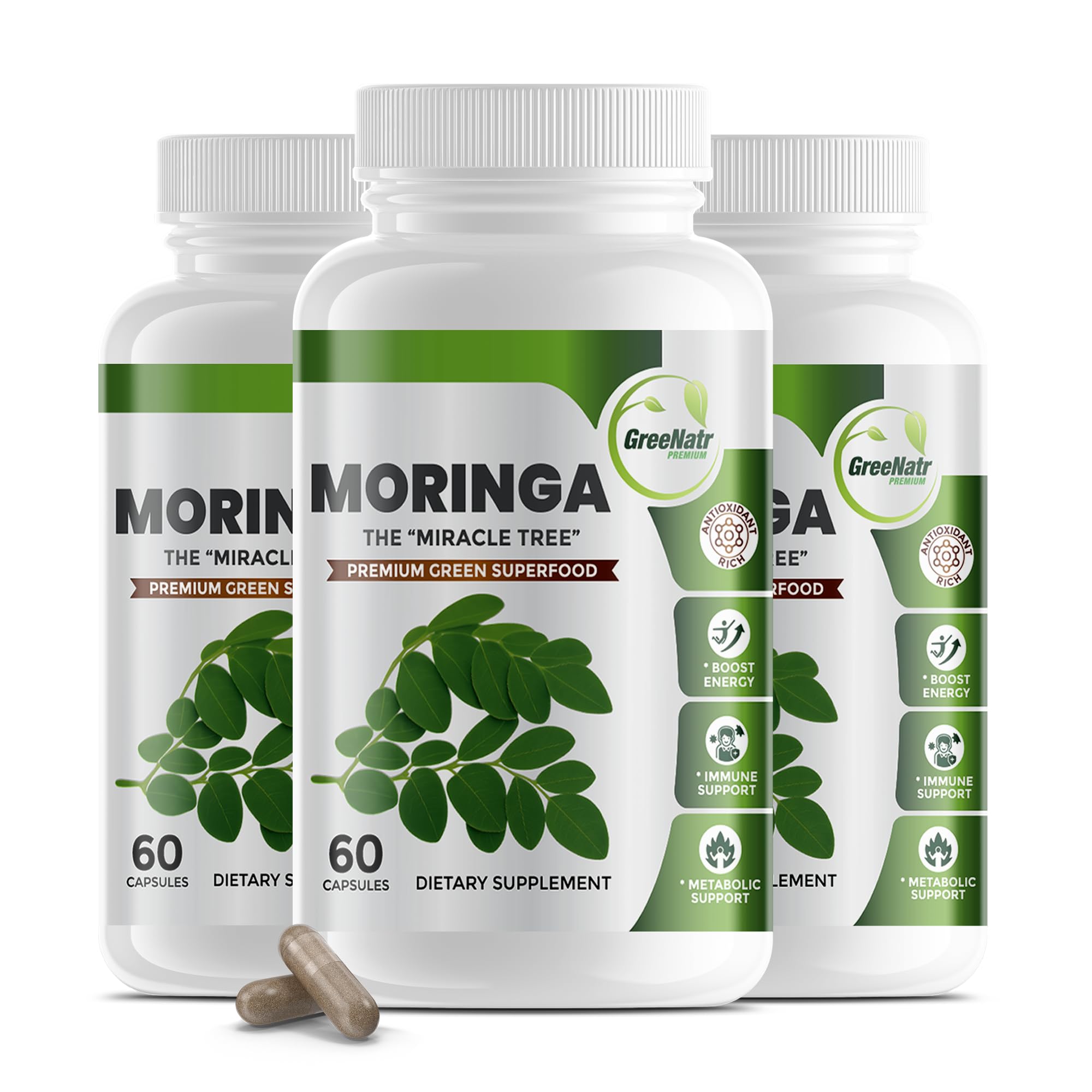 GreeNatr Pure Moringa: cápsulas en bote para energía sostenida.