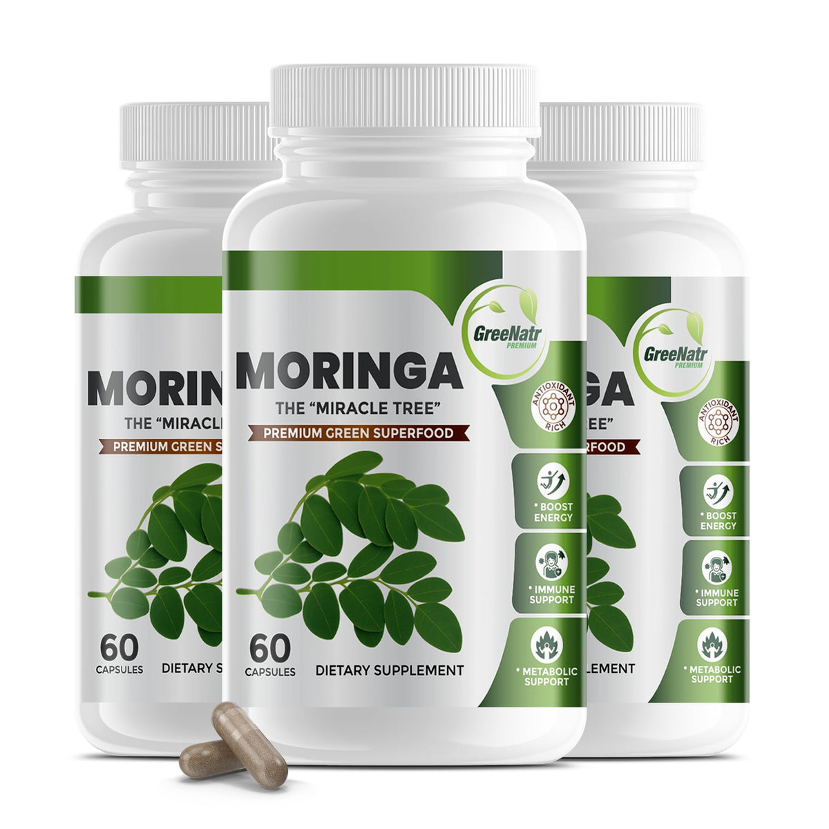 GreeNatr Pure Moringa: cápsulas en bote para energía sostenida.