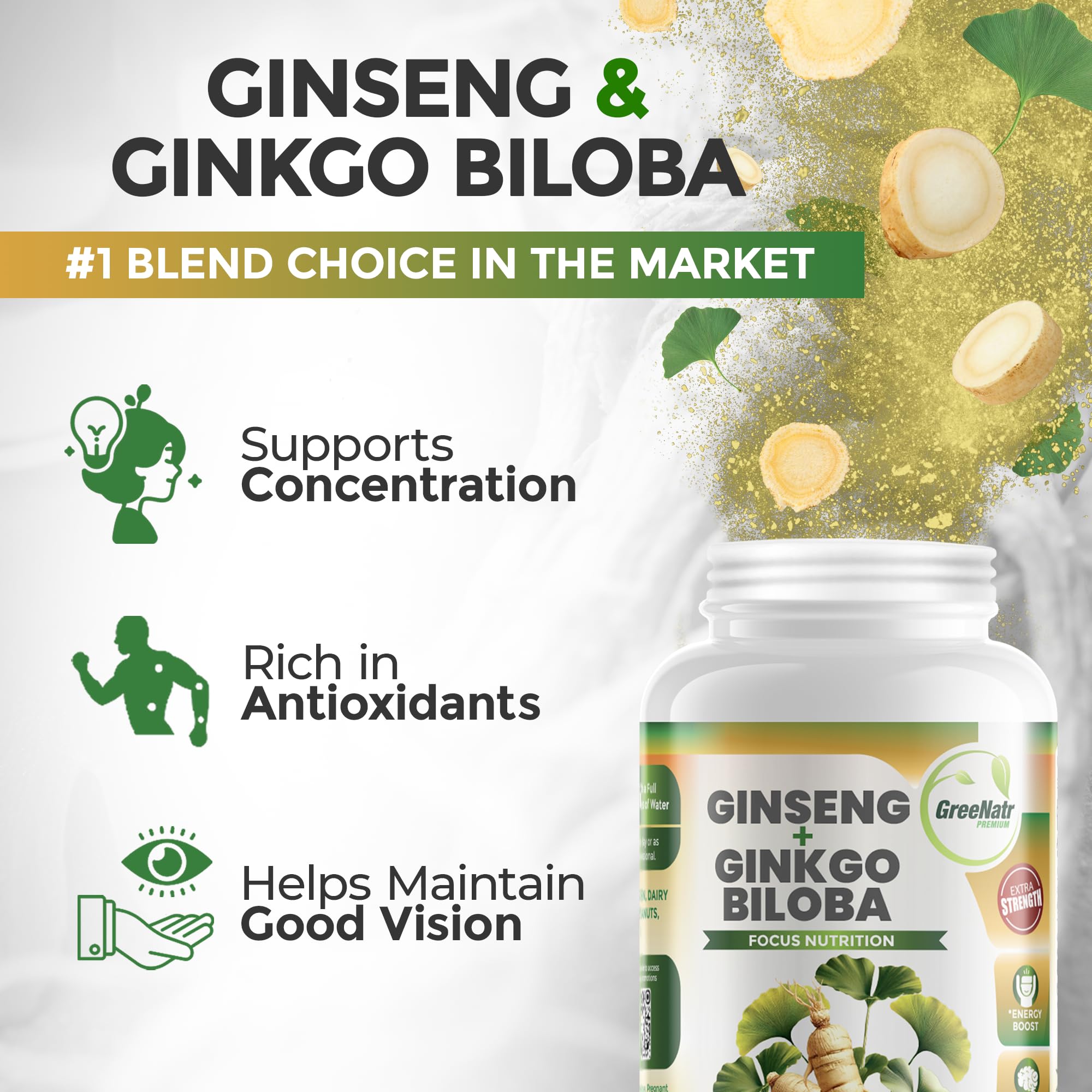 GreeNatr cápsulas panax-ginseng, apoyo al enfoque mental durante el día.