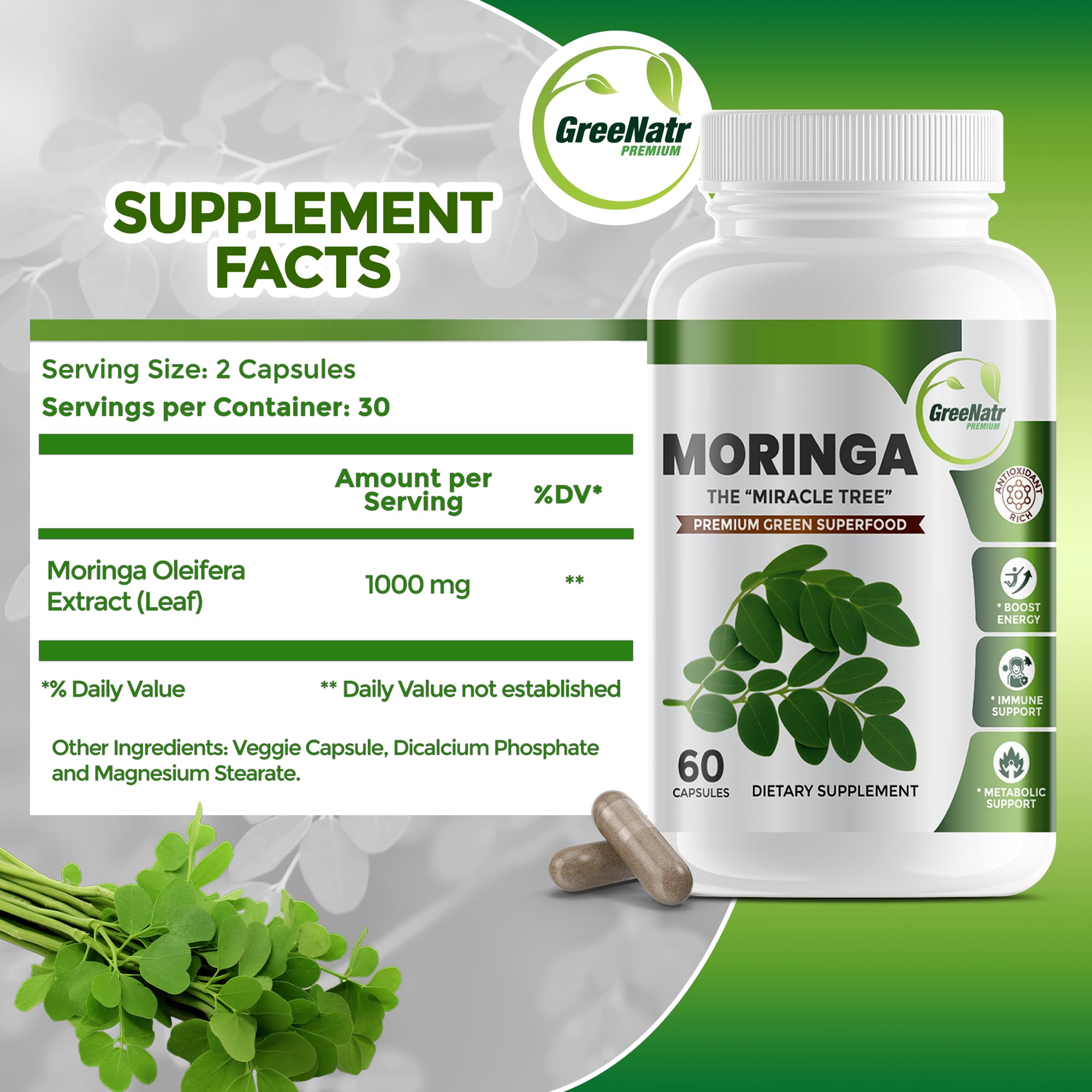 GreeNatr etiqueta indica ingredientes para energía y claridad.