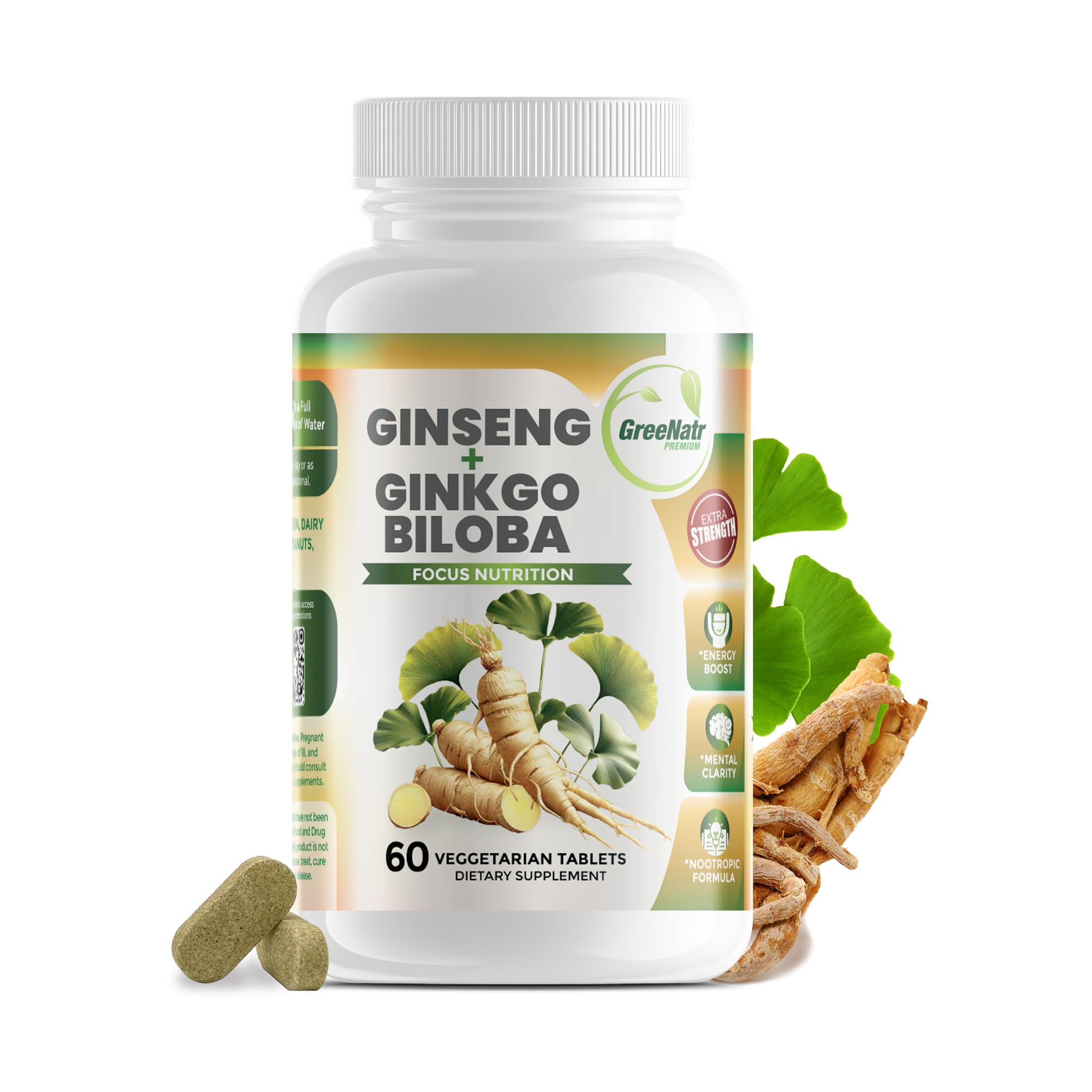 GreeNatr Ginkgo Biloba y Panax Ginseng: envase de tabletas para energía sostenida