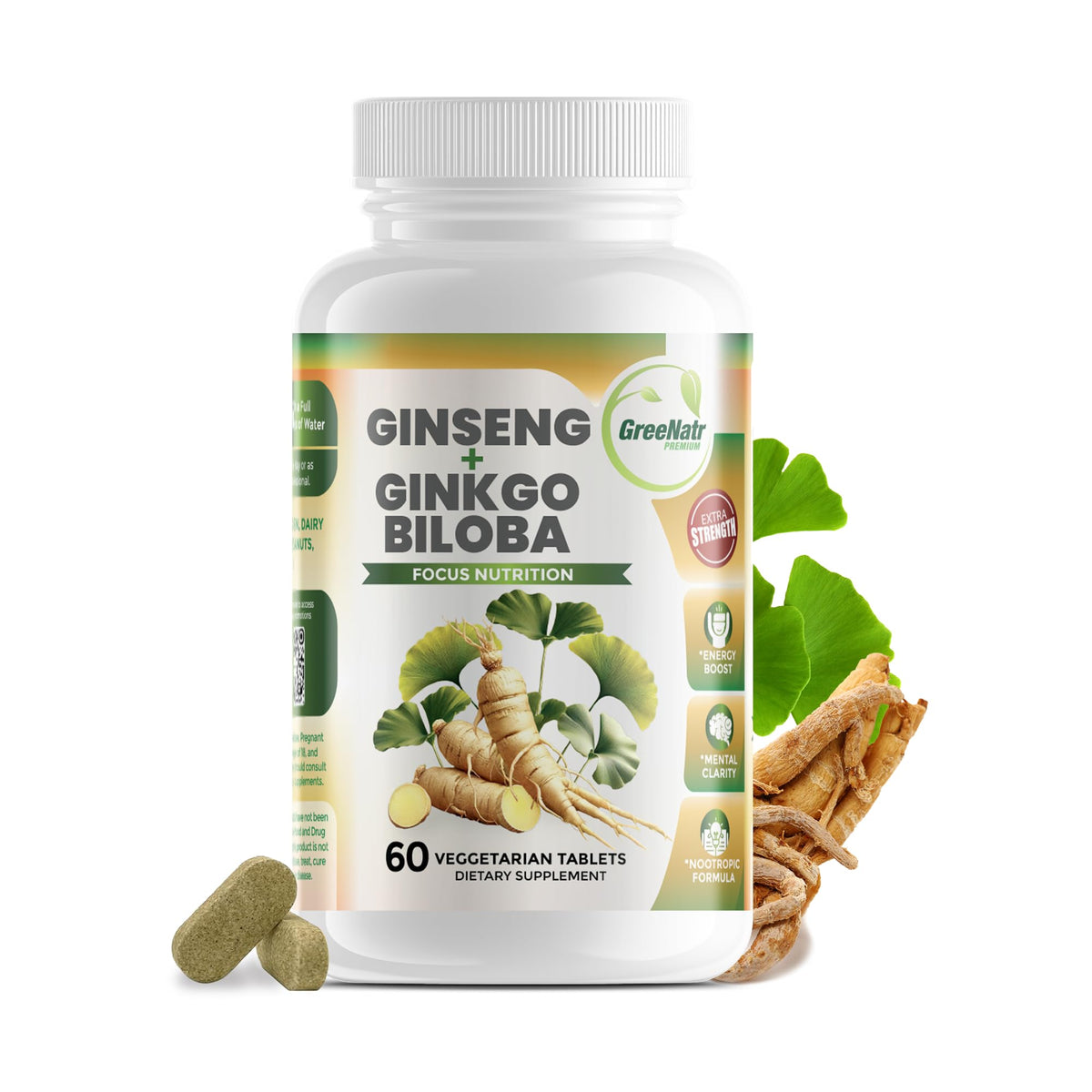 GreeNatr Ginkgo Biloba y Panax Ginseng: envase de tabletas para energía sostenida