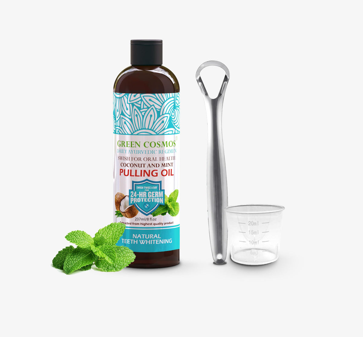 Green Cosmos Coconut Mint Pulling Oil en envase de 237 ml para cuidado bucal diario.