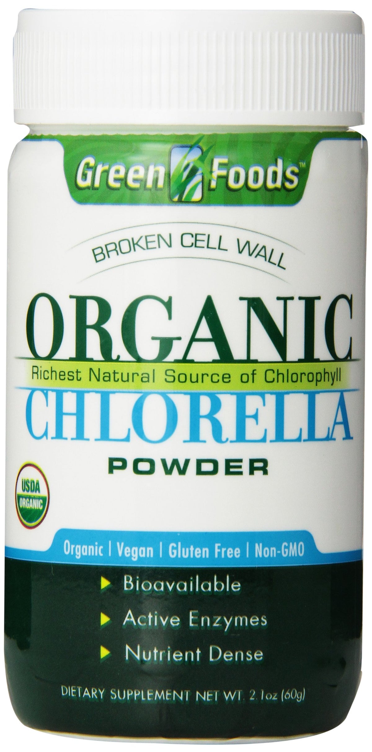 Green Foods Chlorella en polvo, ideal para batidos y recetas veganas.