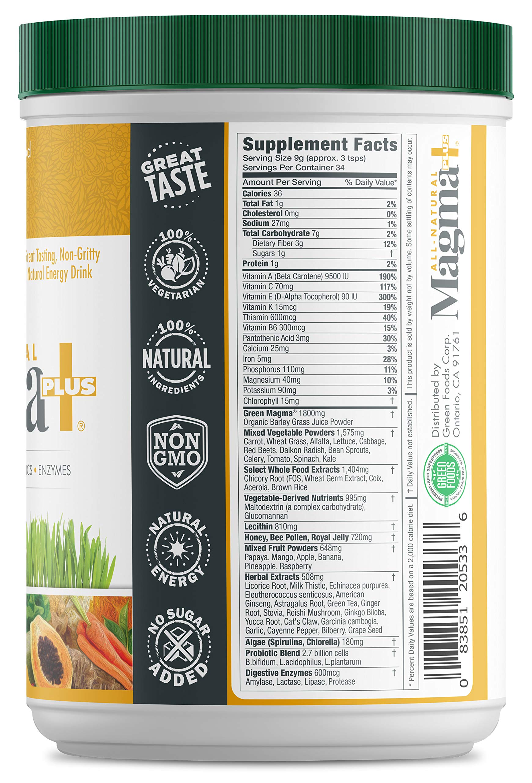 Green Foods Magma Plus: envase de 10.6 oz para almacenamiento práctico.