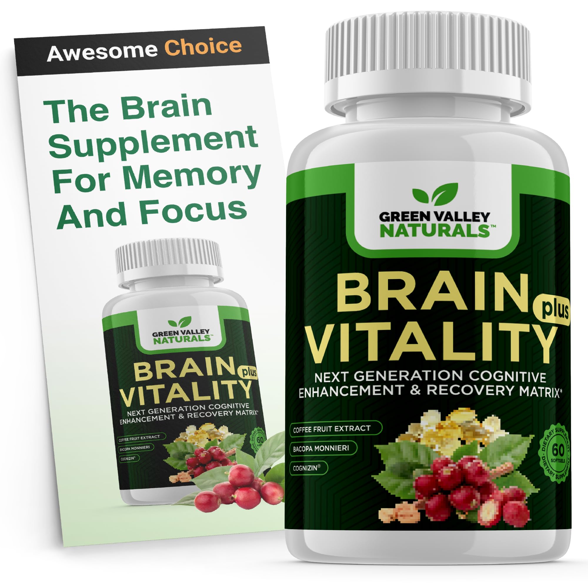 Brain Vitality Plus envase de GREEN VALLEY NATURALS para enfoque diario.
