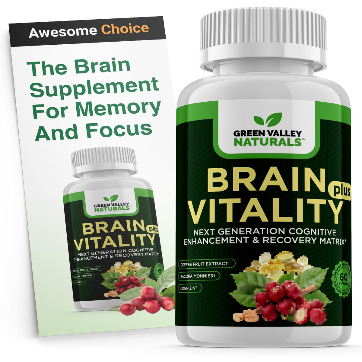 Brain Vitality Plus envase de GREEN VALLEY NATURALS para enfoque diario.