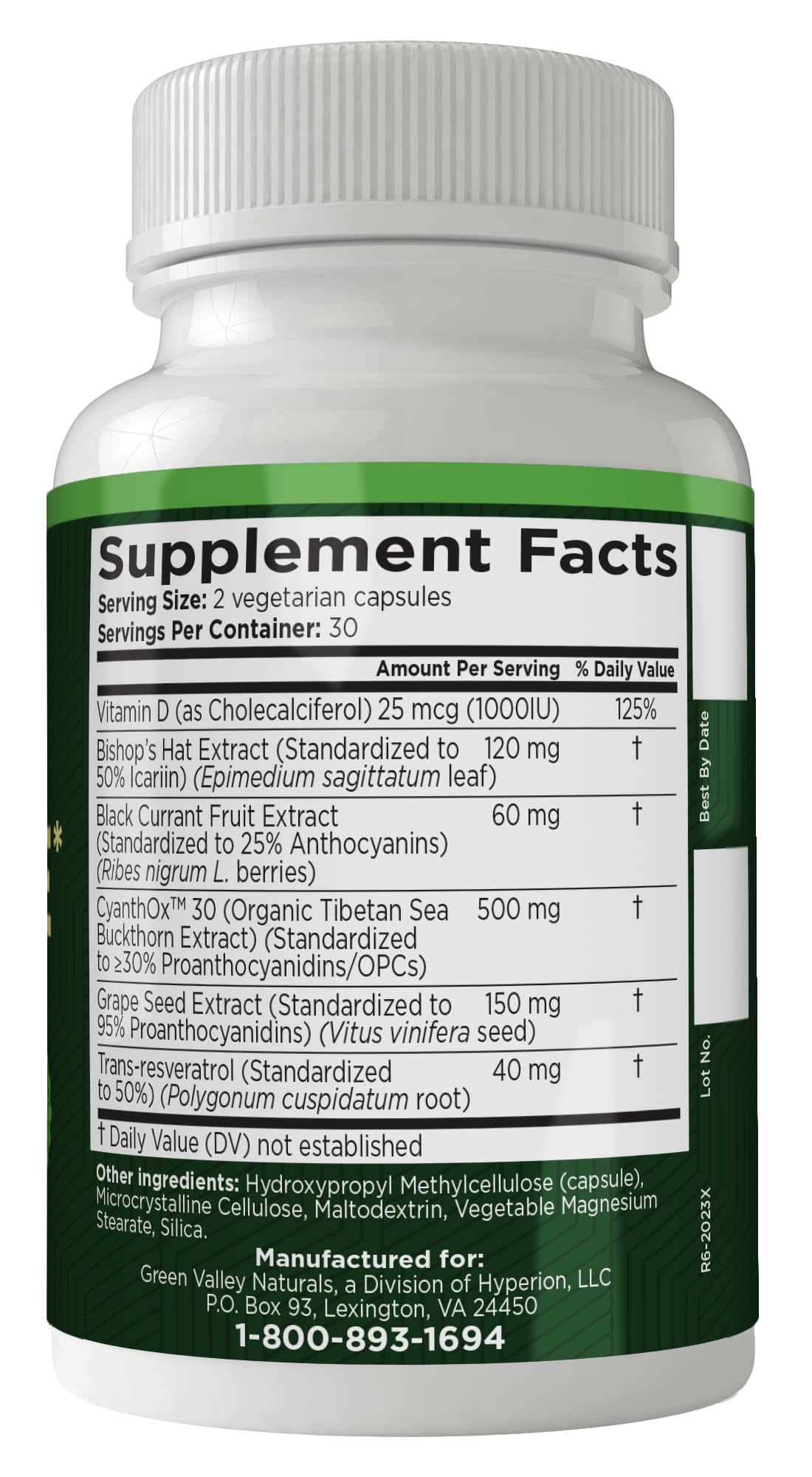 GREEN VALLEY NATURALS Stem Cell Restore: etiqueta clara con ingredientes clave.