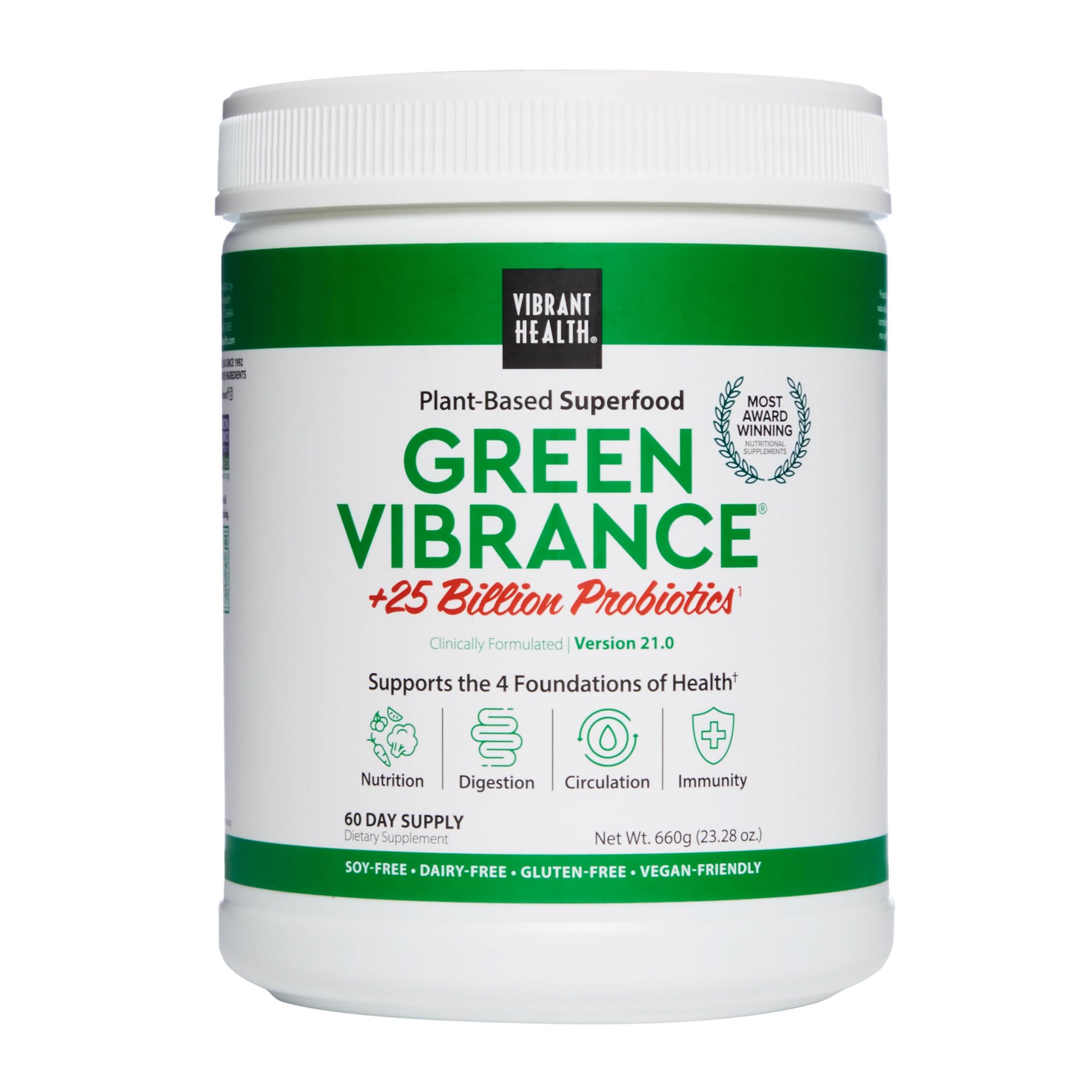 Vibrant Health Green Vibrance en bote con etiqueta, perfecto para empezar el día con nutrición vegetal.