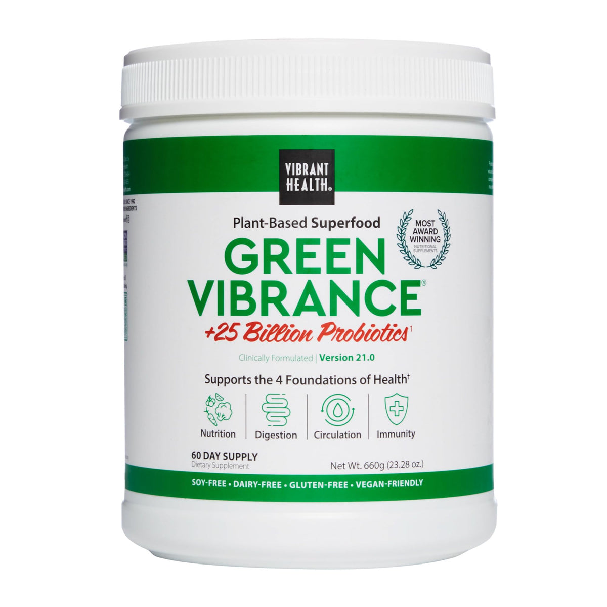 Vibrant Health Green Vibrance en bote con etiqueta, perfecto para empezar el día con nutrición vegetal.