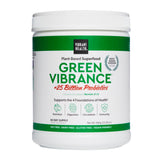 Vibrant Health Green Vibrance en bote con etiqueta, perfecto para empezar el día con nutrición vegetal.