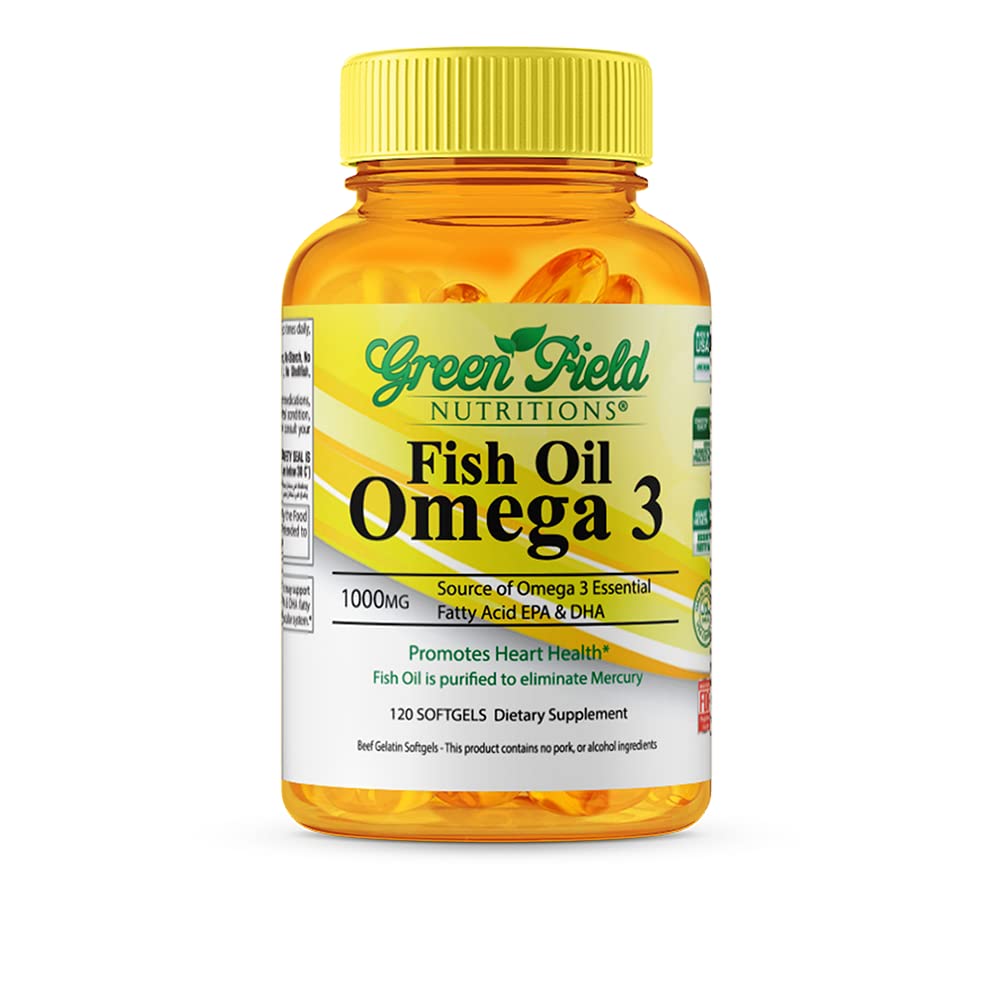 Greenfieldnutritions: botella de cápsulas de aceite de pescado halal para apoyo diario.