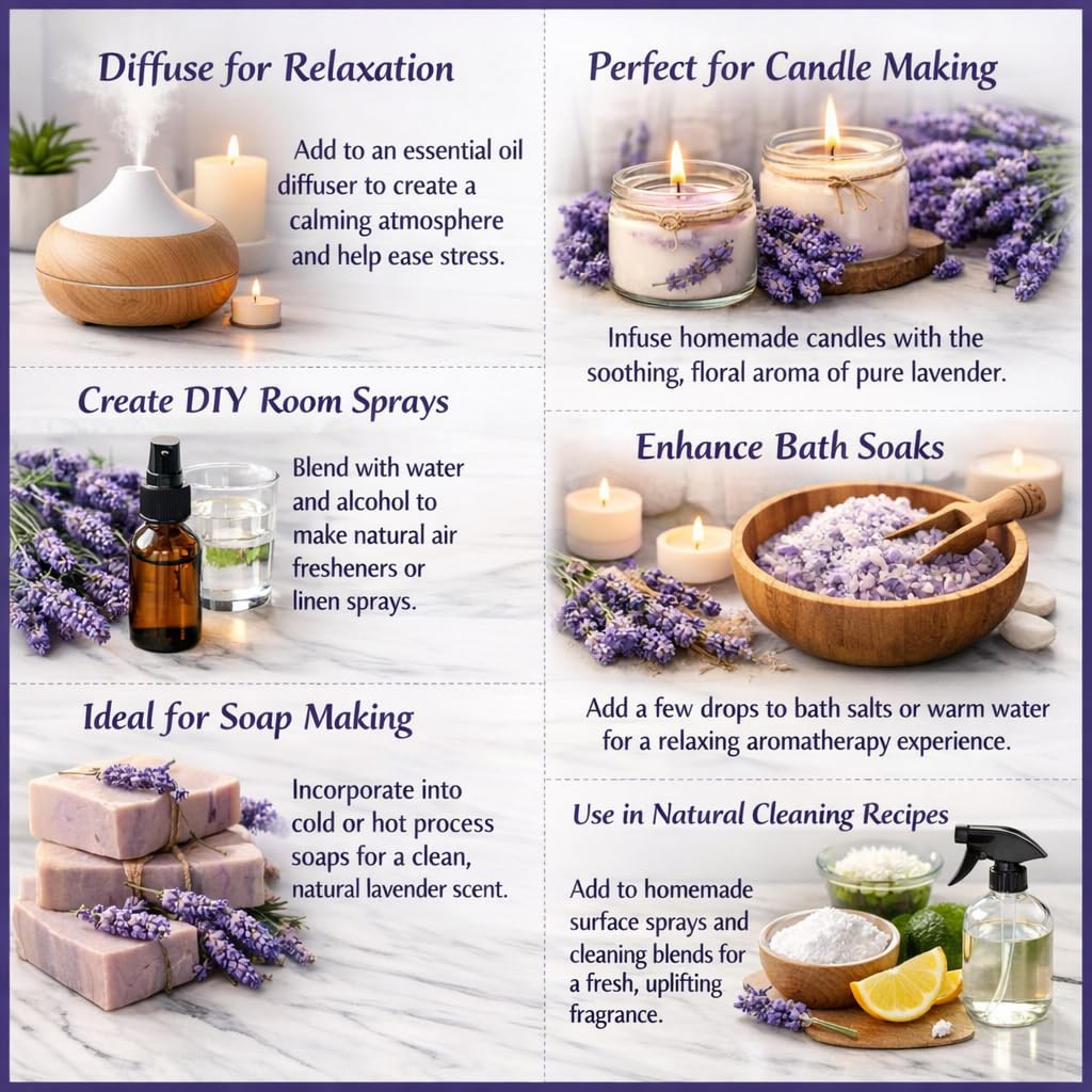 GreenHealth Lavanda, etiqueta detallada, describe aroma floral clásico para relajación ambiental.