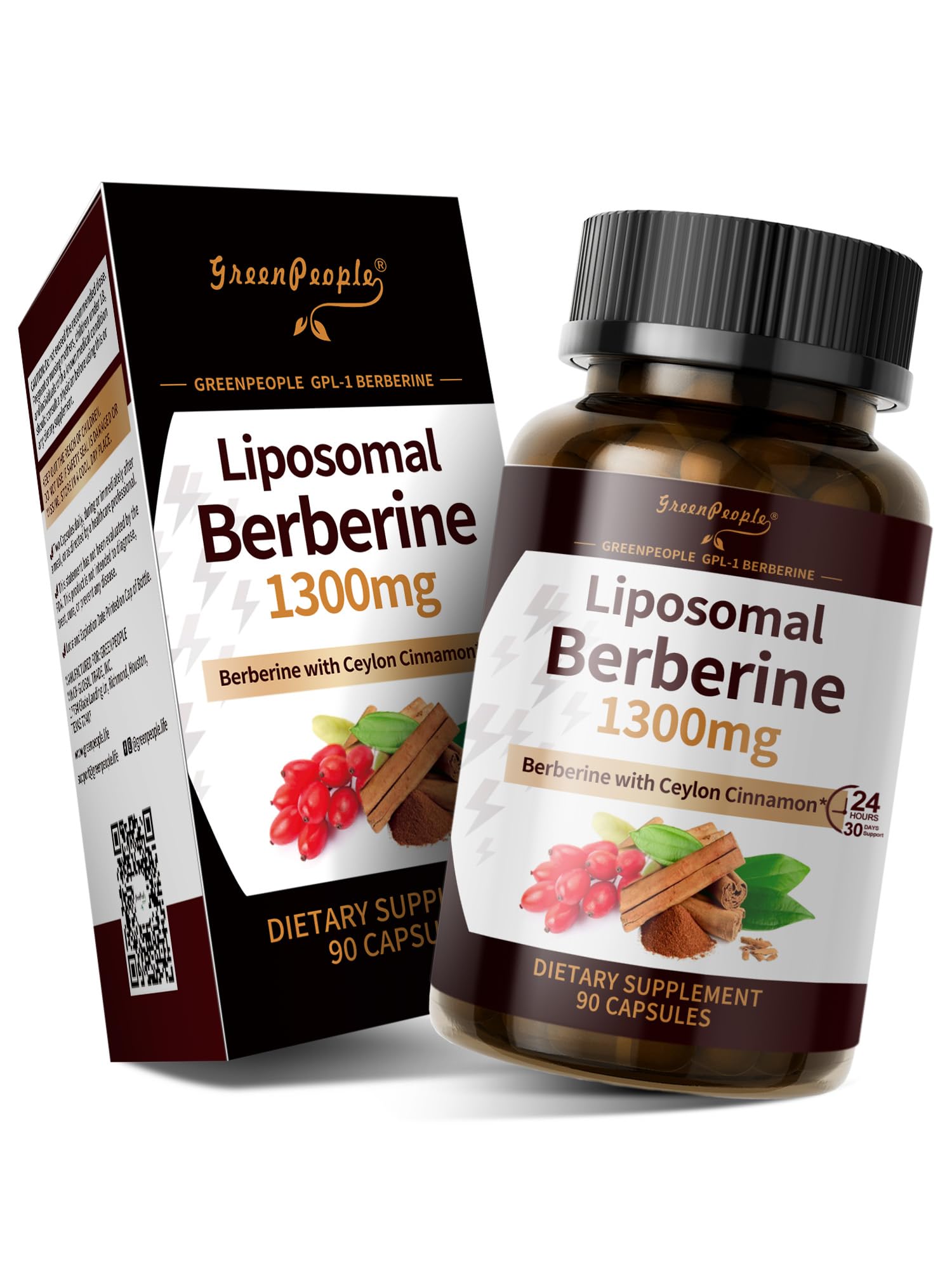GREENPEOPLE Berberina liposomal, botella de cápsulas, posible apoyo para energía sostenida.