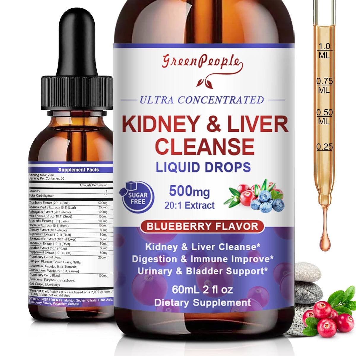 GREENPEOPLE Kidney Cleanse, botella azul, uso diario sin alcohol.
