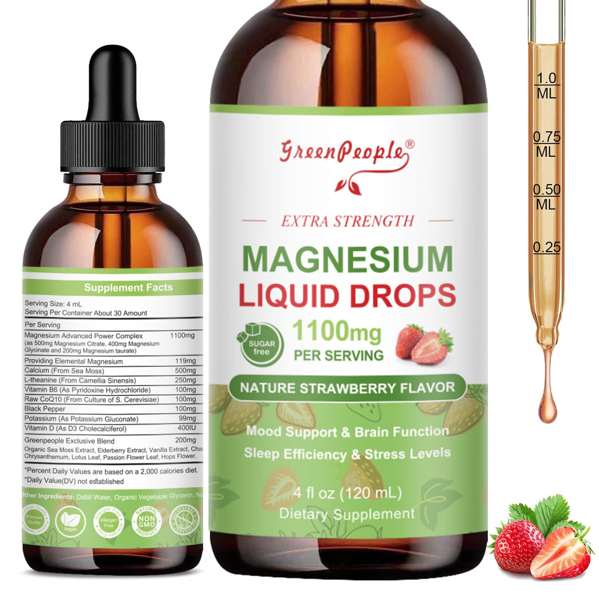 GREENPEOPLE Magnesium Glycinate líquido, frasco con sabor fresa para uso diario.
