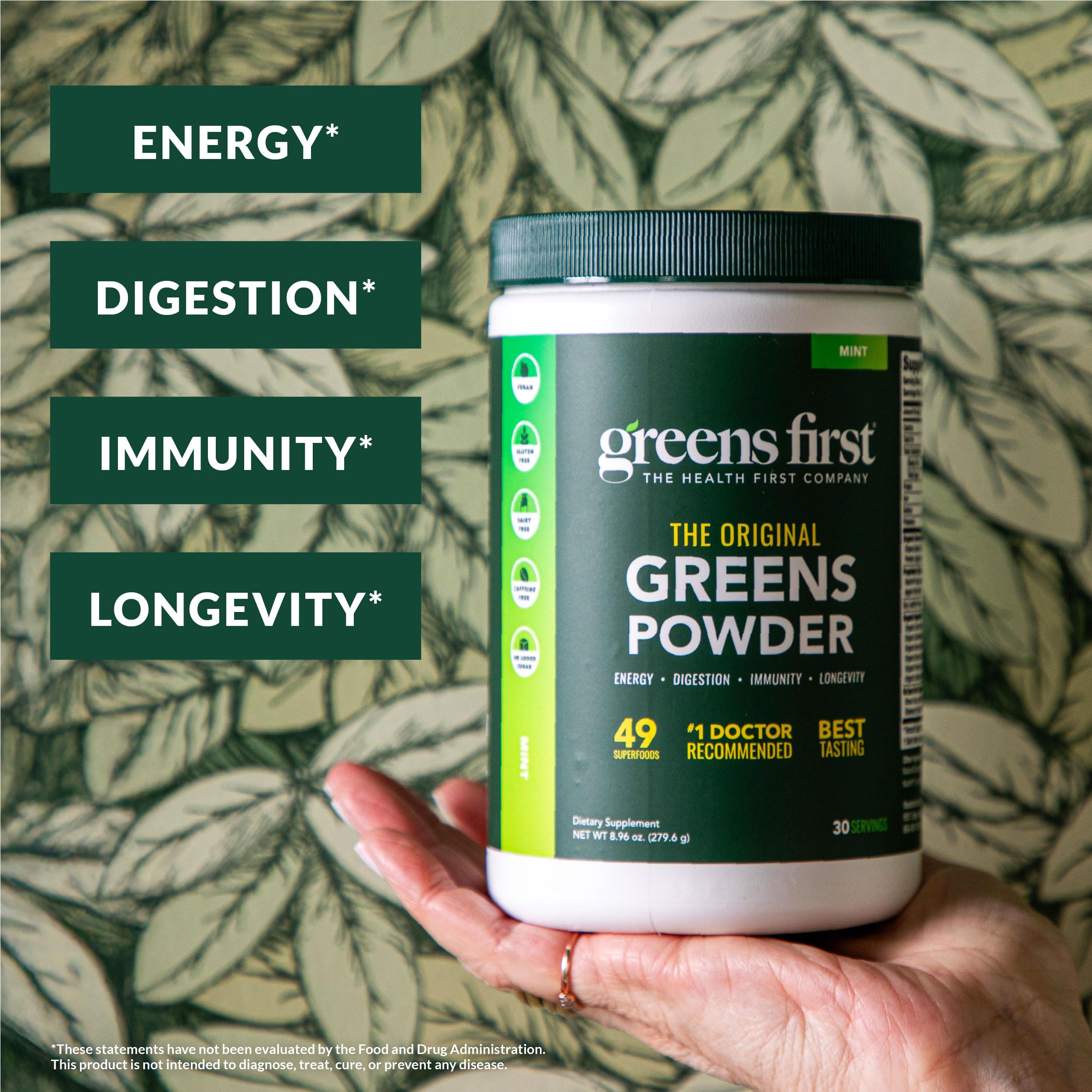 Mezcla de 49 súperalimentos de Greens First para nutrición equilibrada.