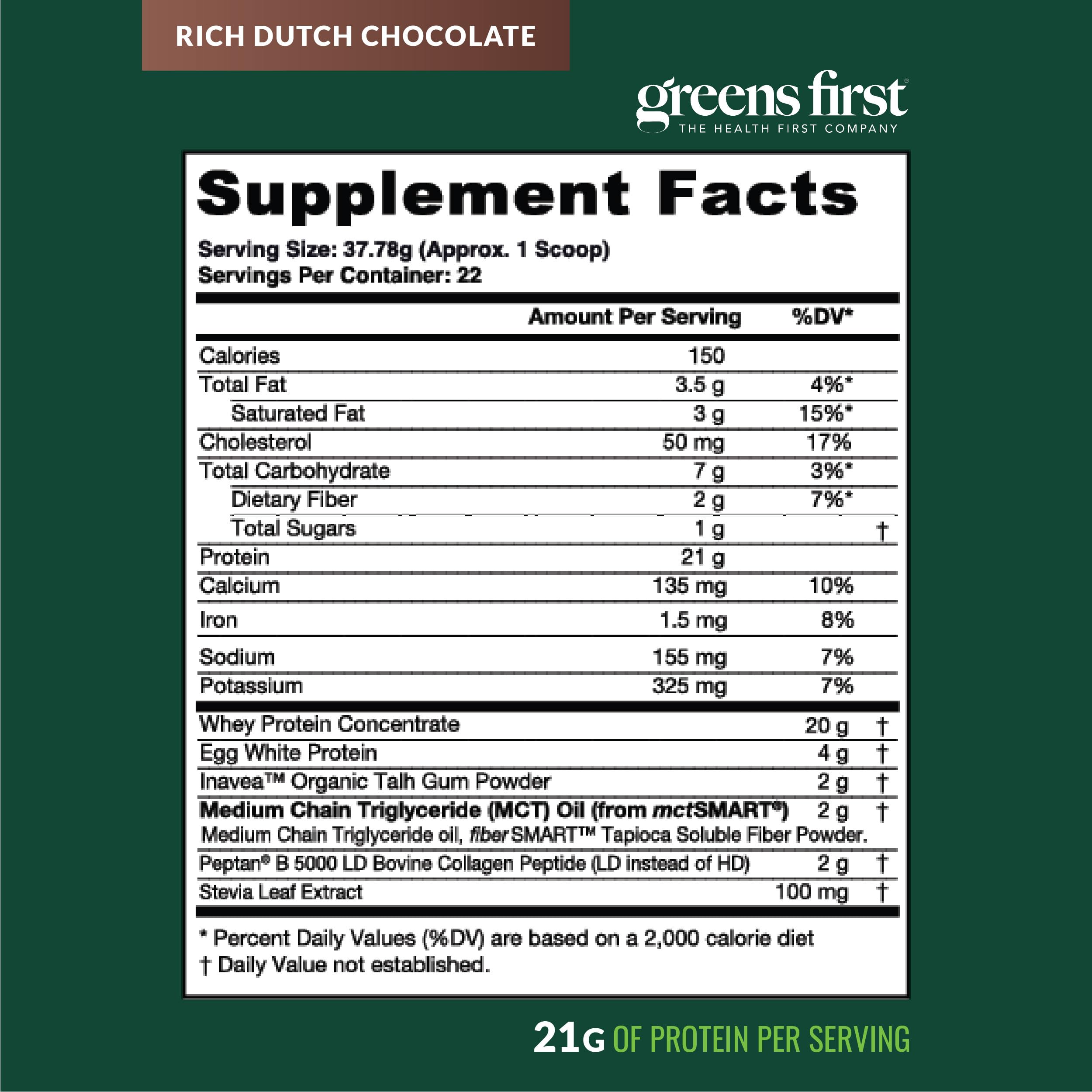 Greens First Dream Proteína Cetogénica, chocolate holandés, sabor intenso sin cafeína.