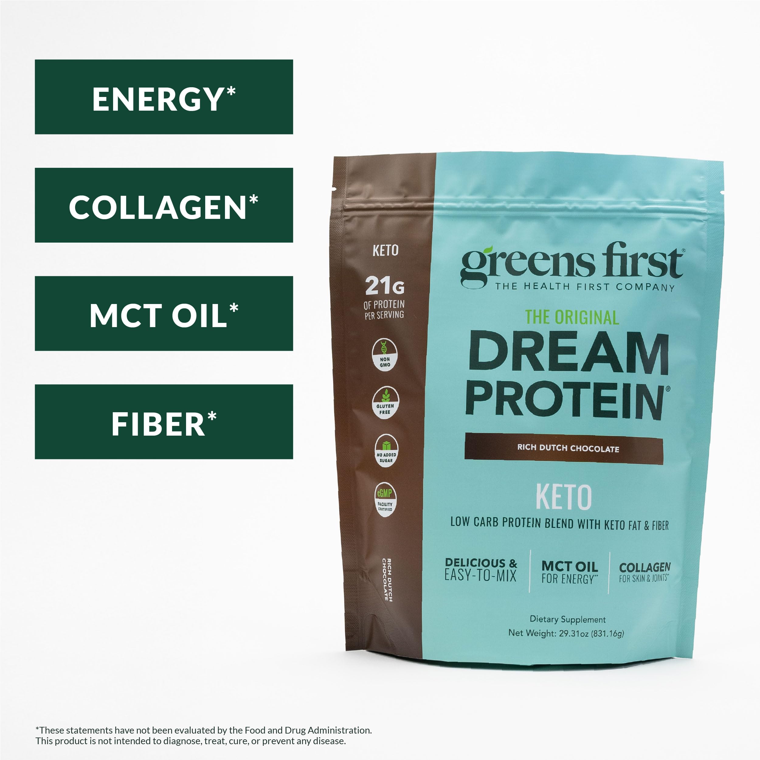 Greens First Dream Proteína Cetogénica, mezcla hidrolizada, digestión suave para uso diario.