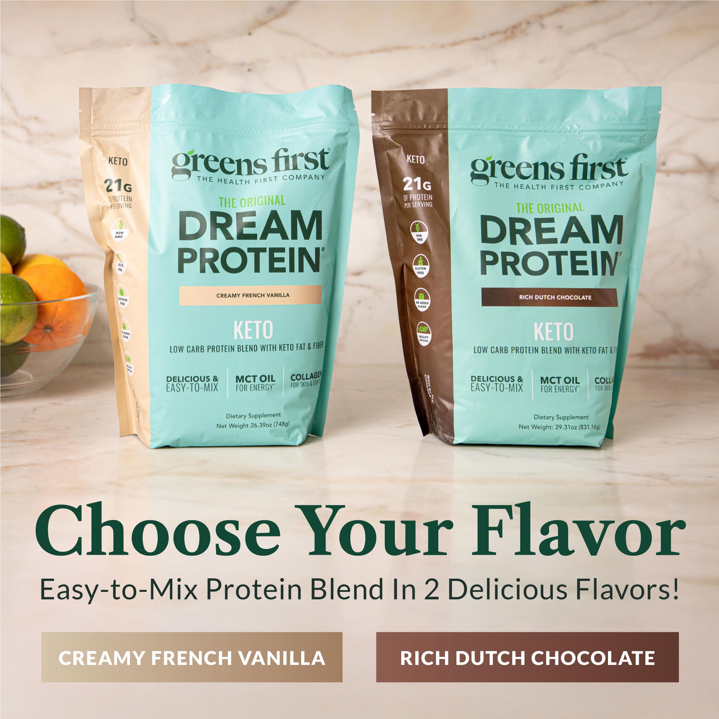 Greens First Dream Proteína Cetogénica, sin gluten, opción apta para dietas libres de gluten.