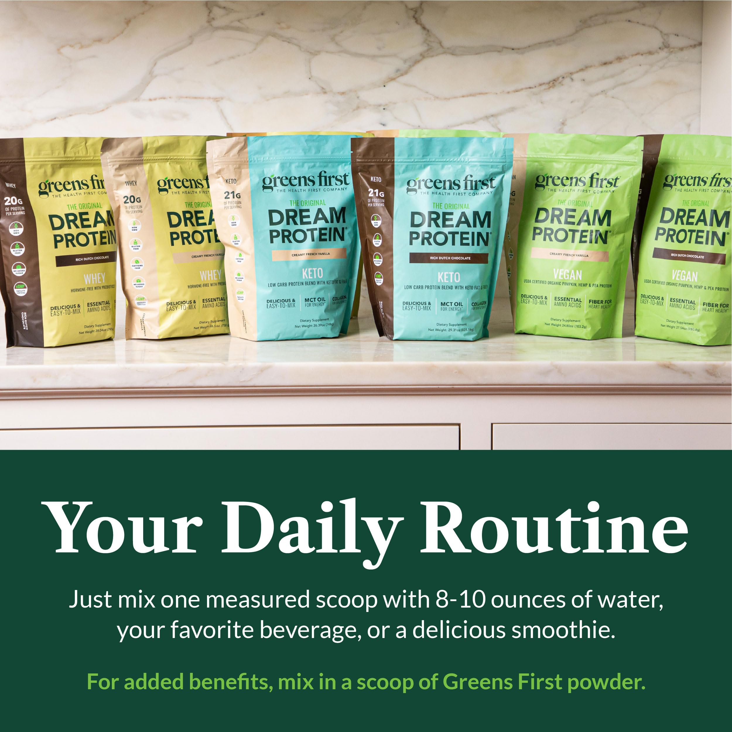 Greens First Dream Proteína Cetogénica, sin soja, alternativa limpia para dietas específicas.